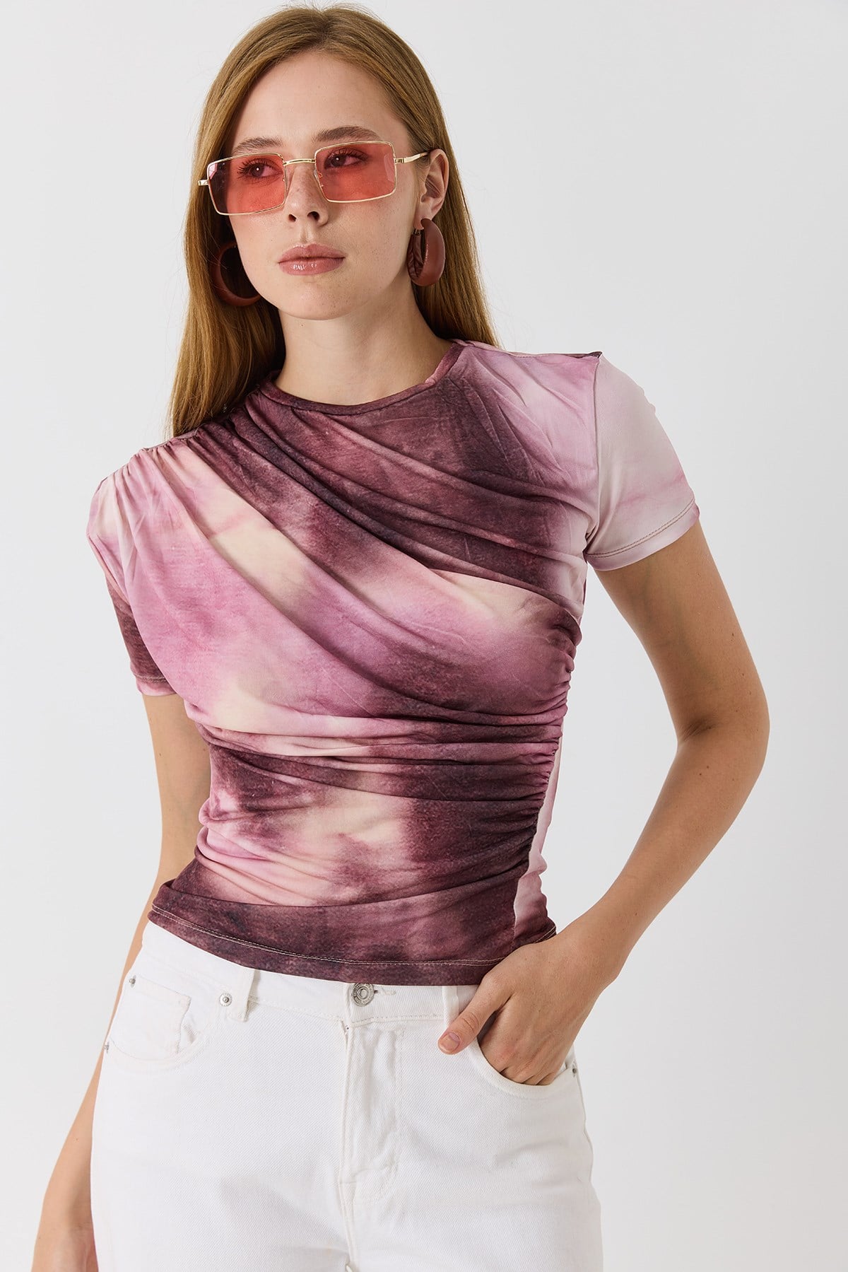 Kadın Drapeli Dijital Baskı Renkli Tshirt Pembe