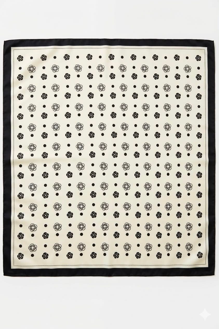 Çiçek Desenli 60X65 Ölçülü Saten Fular Krem