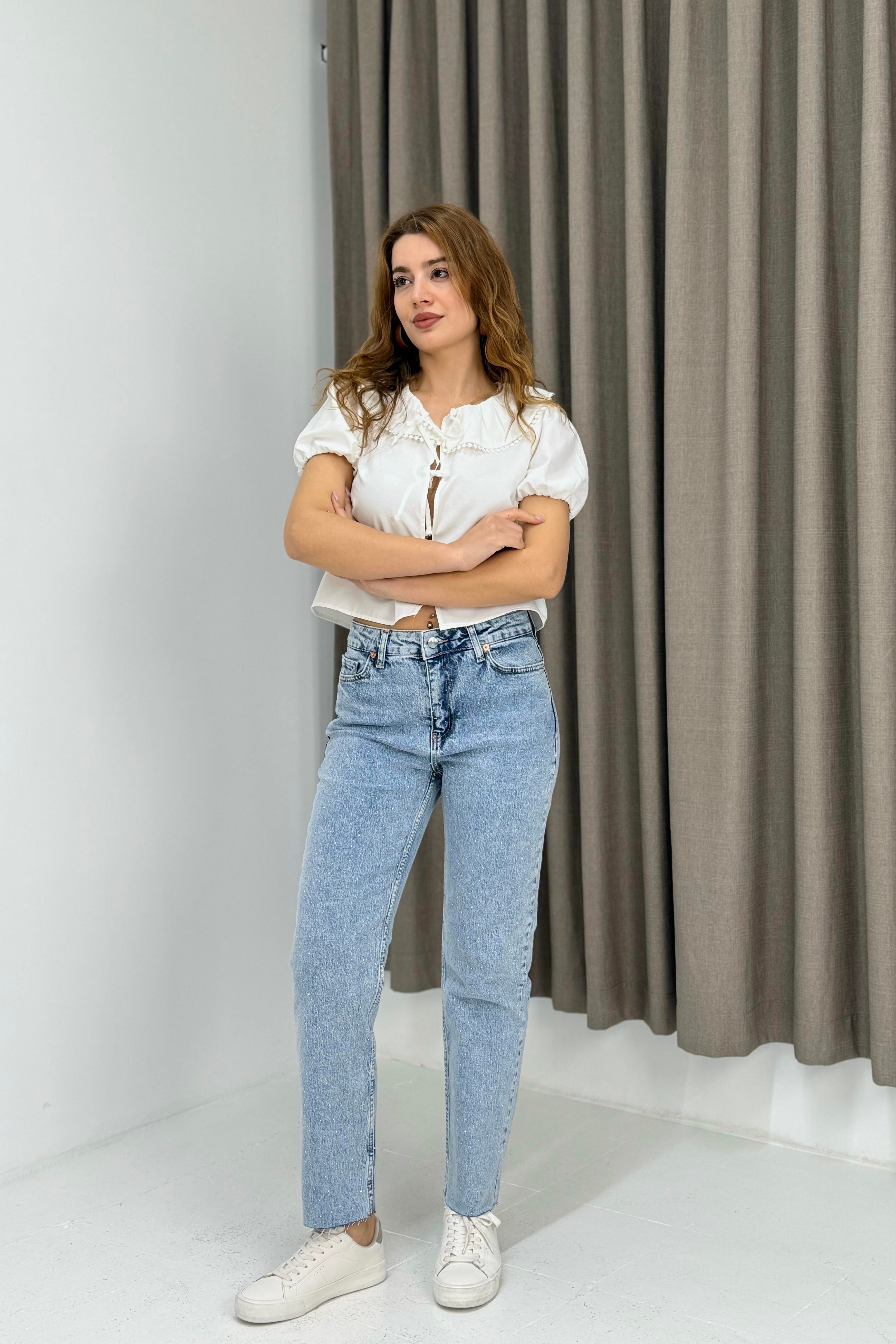 Kadın Taş Kaplama  Mom Kot Pantolon