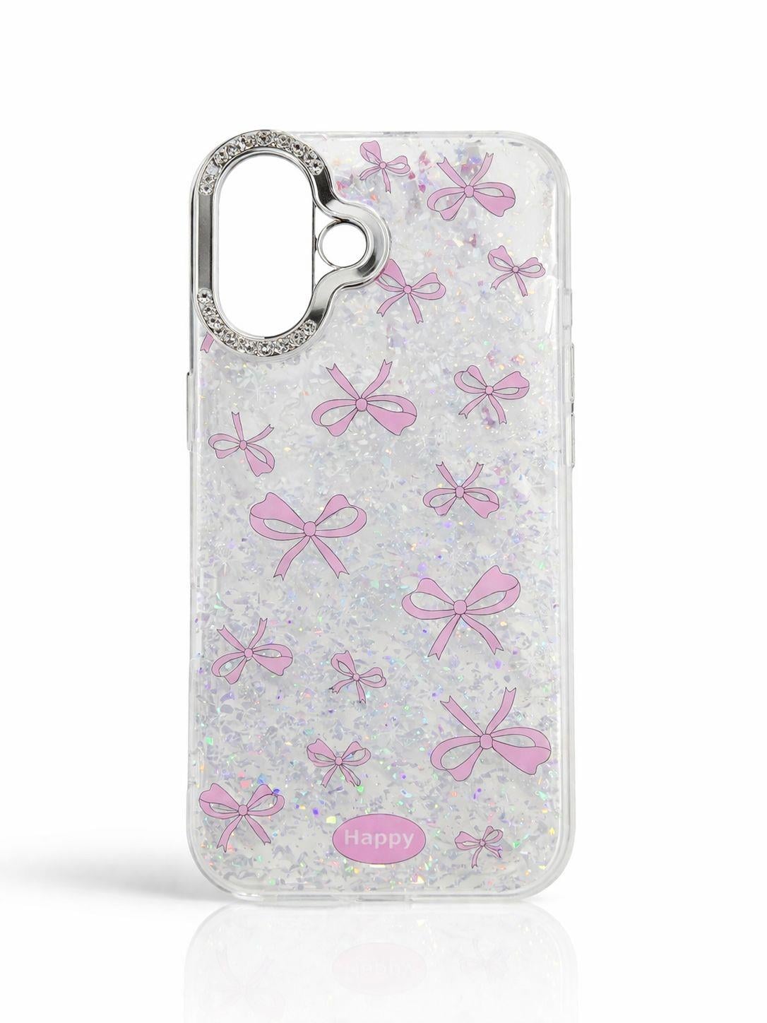 iPhone 16 Uyumlu Kurdele Detaylı Glitter ve Taşlı Kılıf Şeffaf