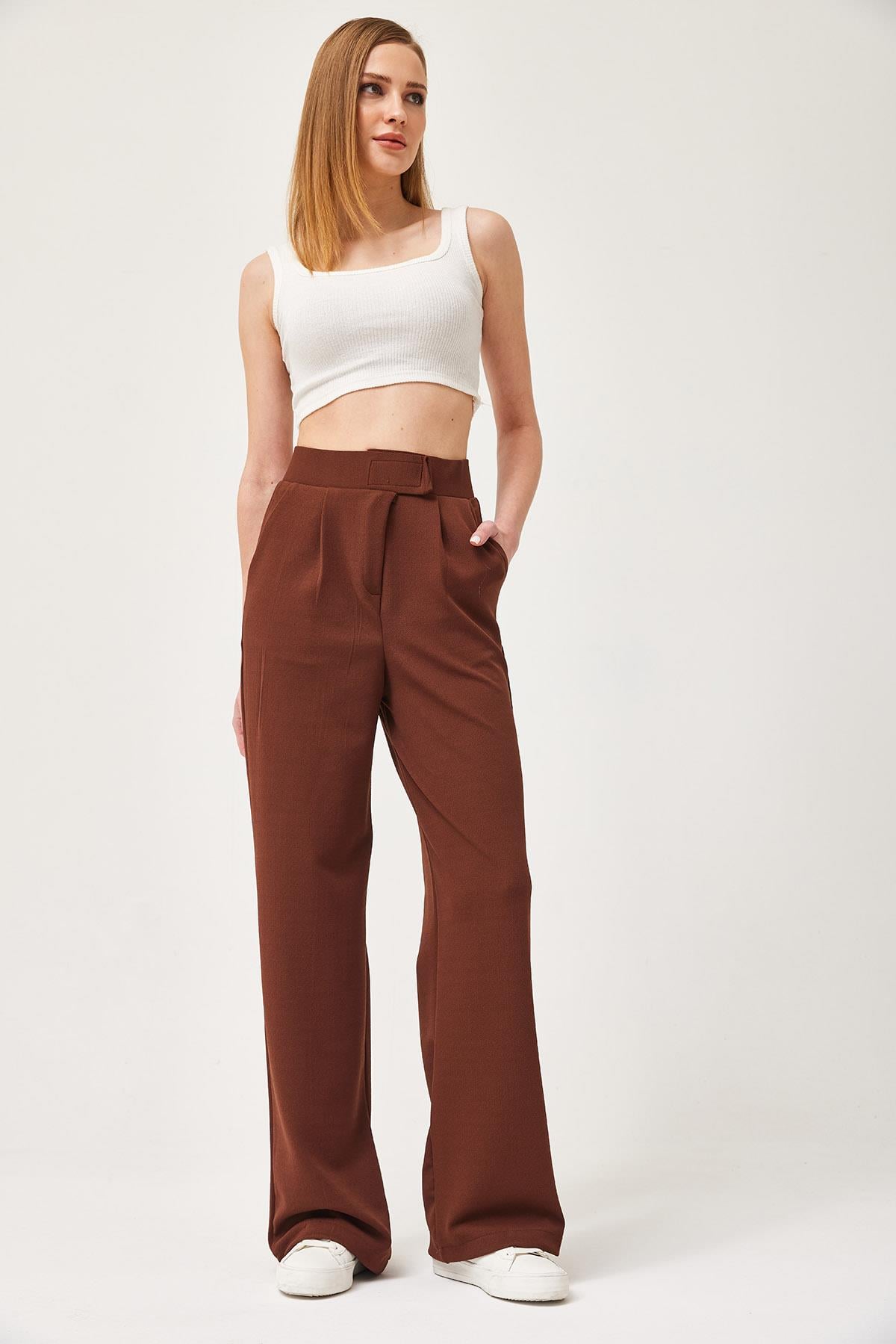 Beli Cırtlı Rahat Palazzo Pantolon Kahverengi