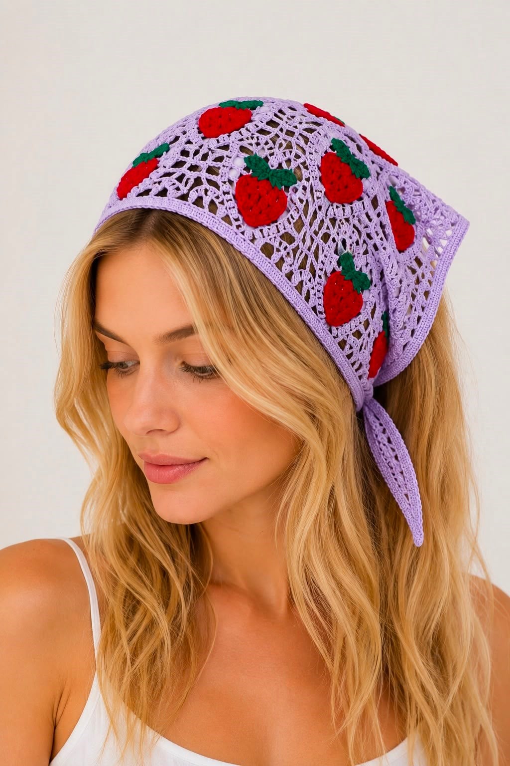 Kadın Çilek Desenli Örgü Bandana Lila