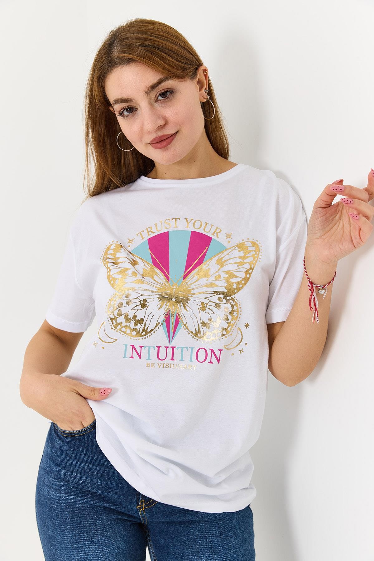 Kadın  Bisiklet Yaka Baskılı Kısa Kol Tshirt Beyaz