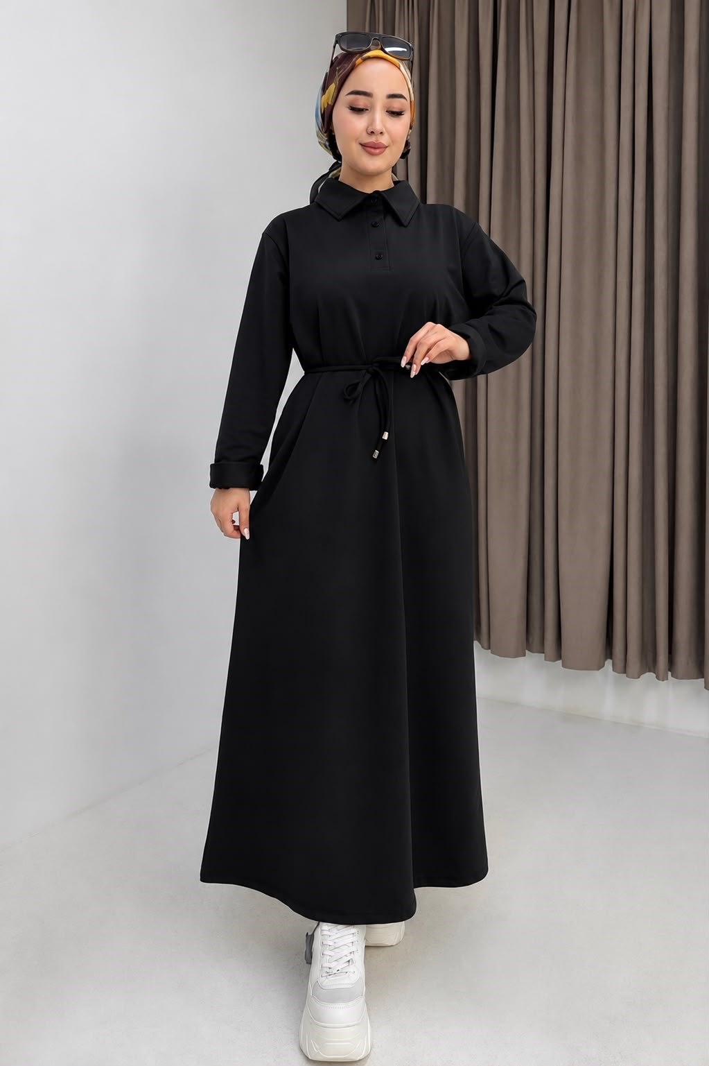 Kadın Beli Bağlamalı Düz Basic Elbise Siyah