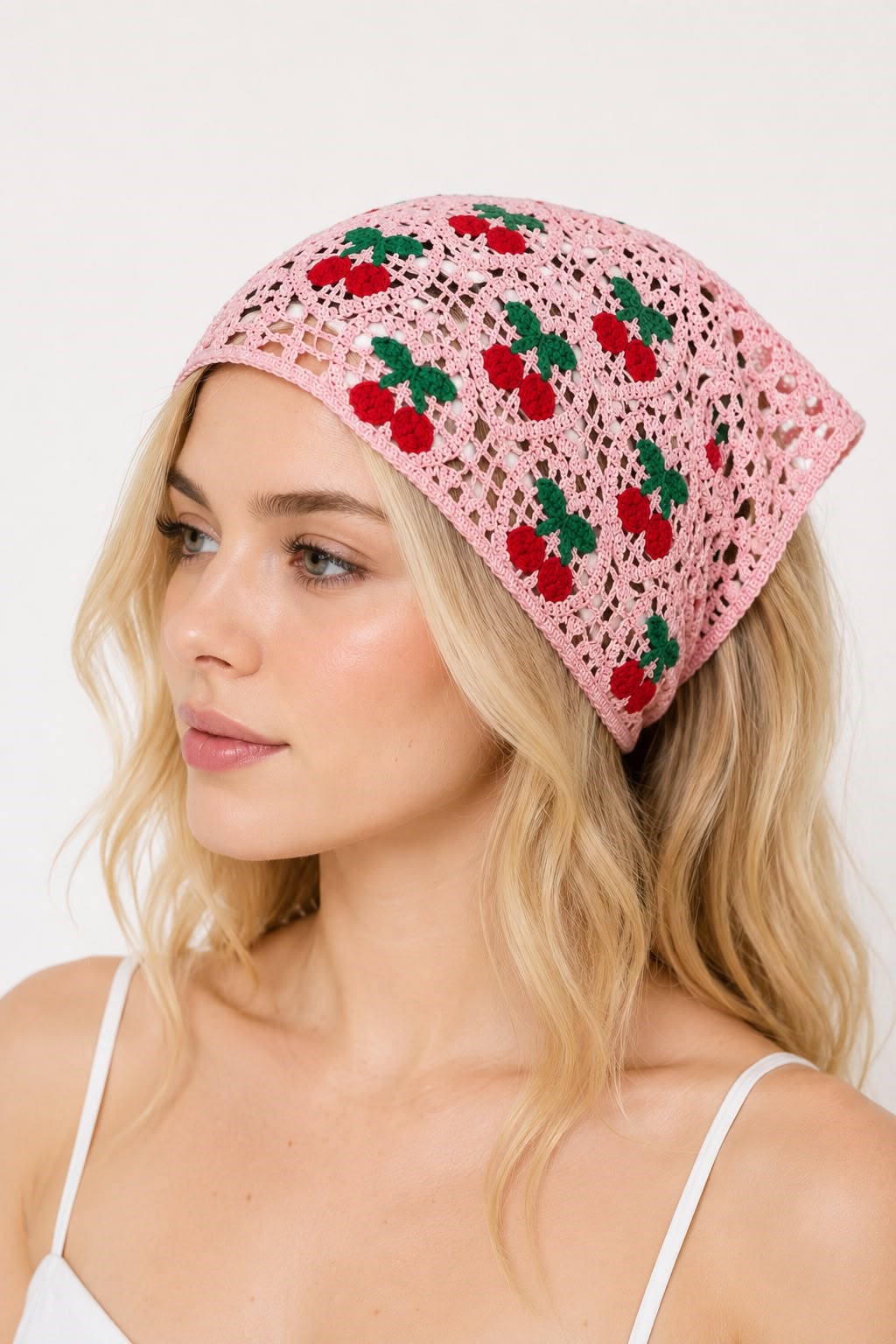 Kadın Kiraz Desenli Örgü Bandana Pembe