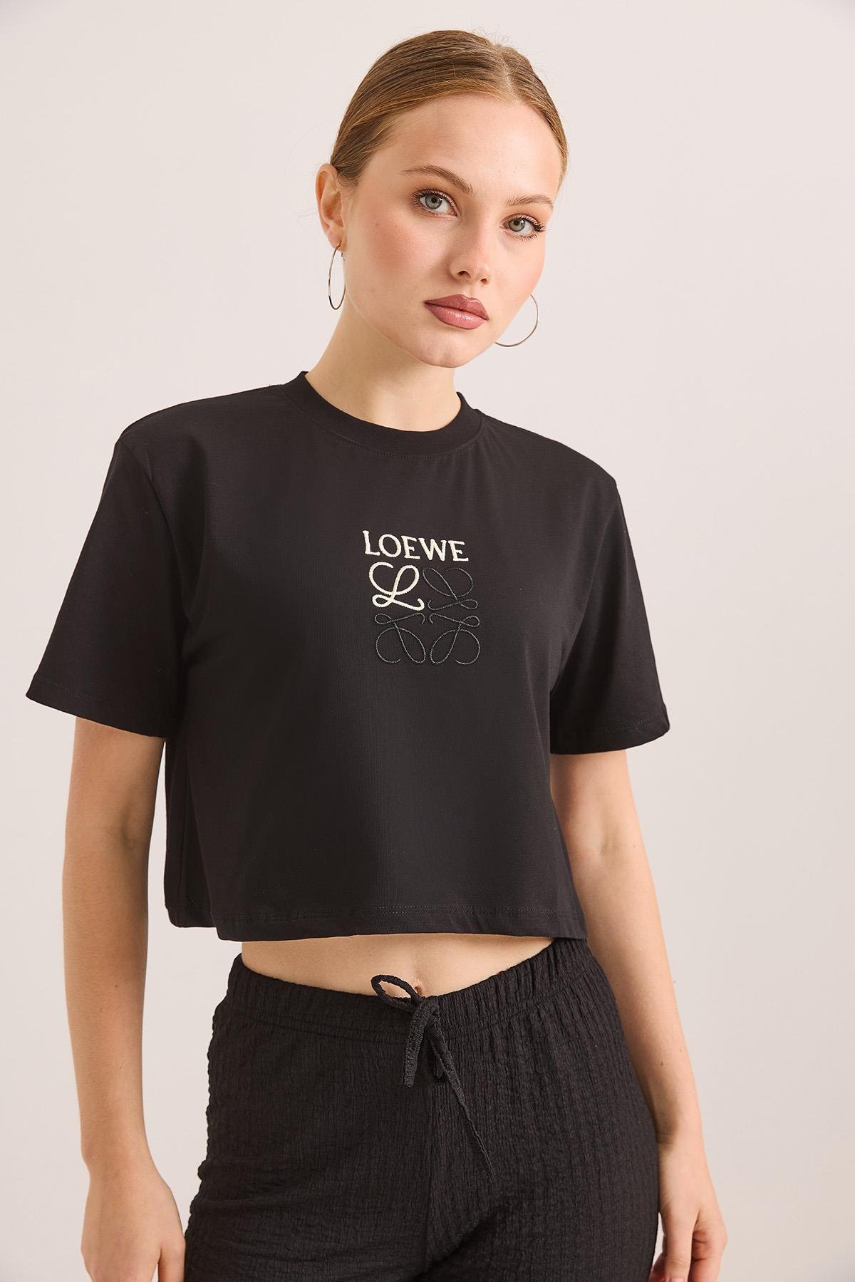 Nakışlı Örme Pamuk Crop Tshirt Siyah