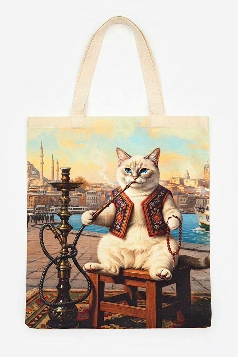 Kadın Nargile İçen Kedi Tasarımlı 40X32 Ölçülü Bez Omuz Çantası Karışık