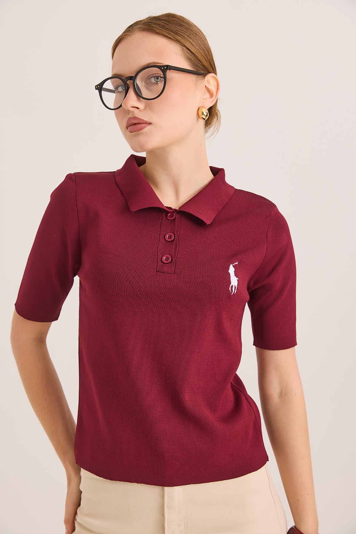 Nakışlı Polo Yaka Düğme Detaylı Triko Tshirt	Bordo