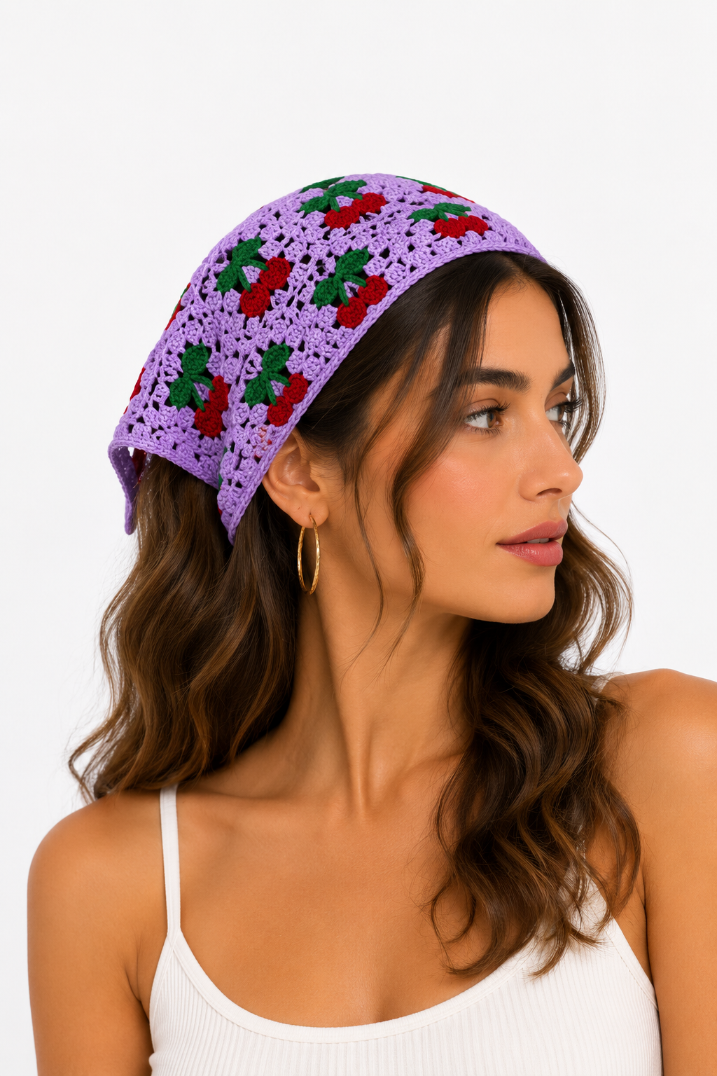 Kadın Kiraz Desenli Örgü Bandana Lila