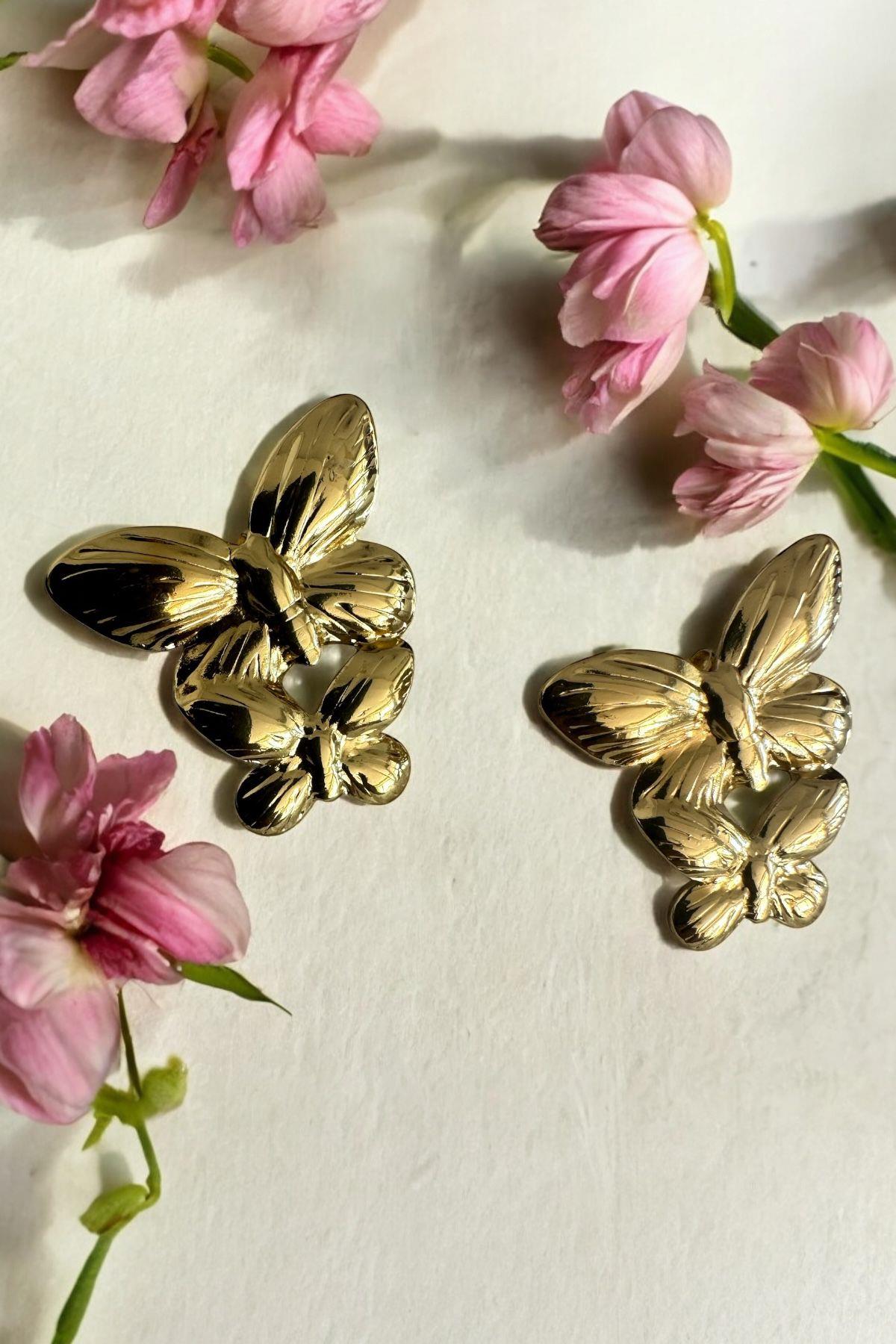 Kelebek Detaylı Çelik Gold KÜpe