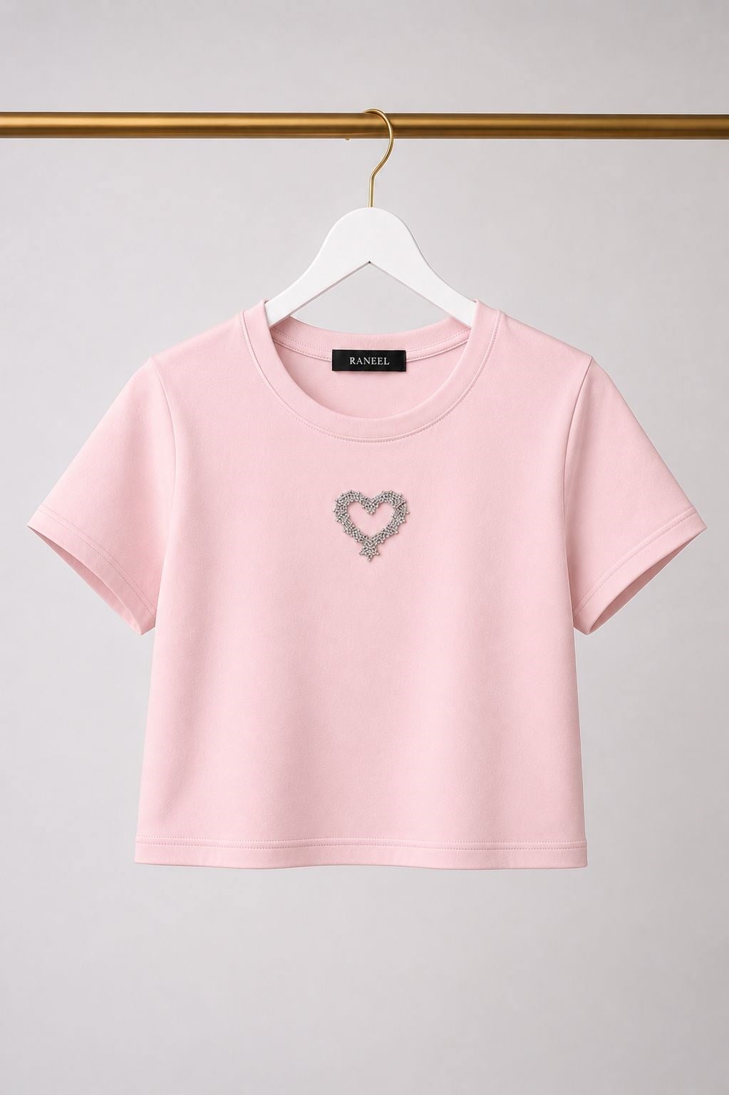 Kadın Taşlı Kalp Detaylı Crop  Bluz Pembe