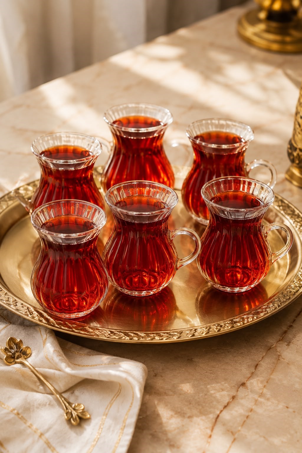 6'Lı Kendinden Çizgili Kulplu Çay Bardağı Şeffaf