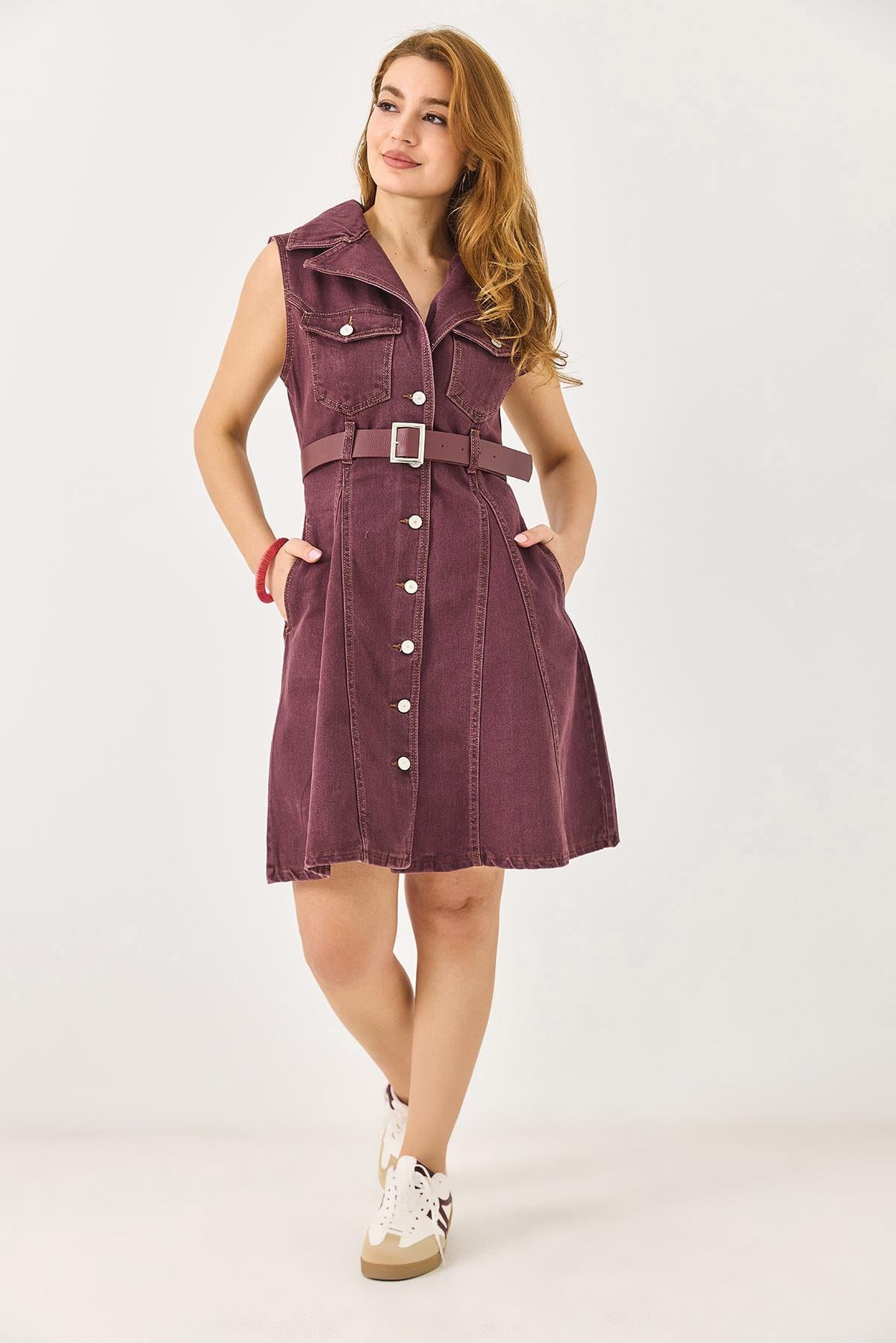 Kemerli Önden Düğmeli Kolsuz Denim Elbise Mürdüm