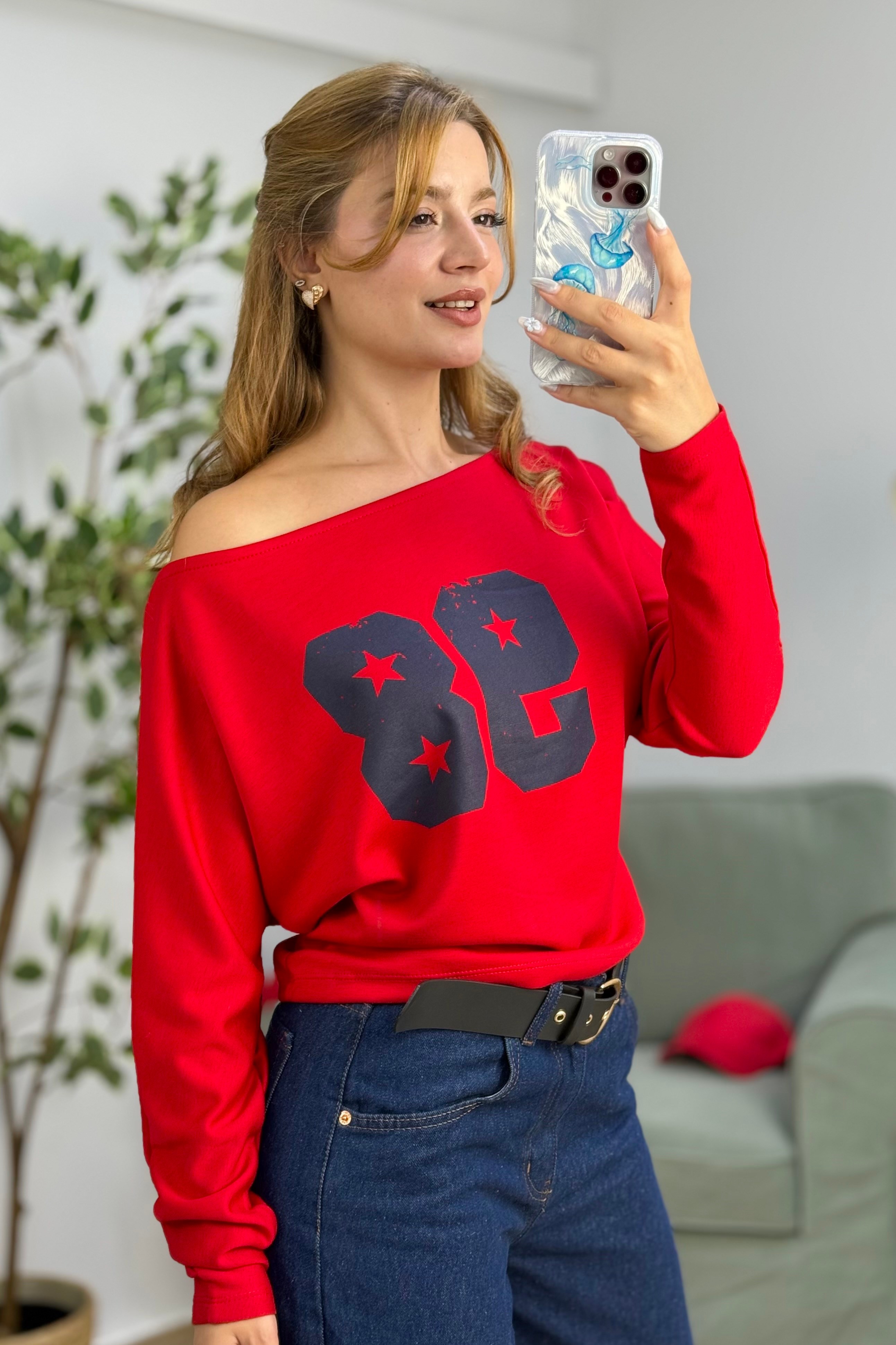 Kayık Yaka Viskon 98 Baskılı  Uzun Kollu Tshirt