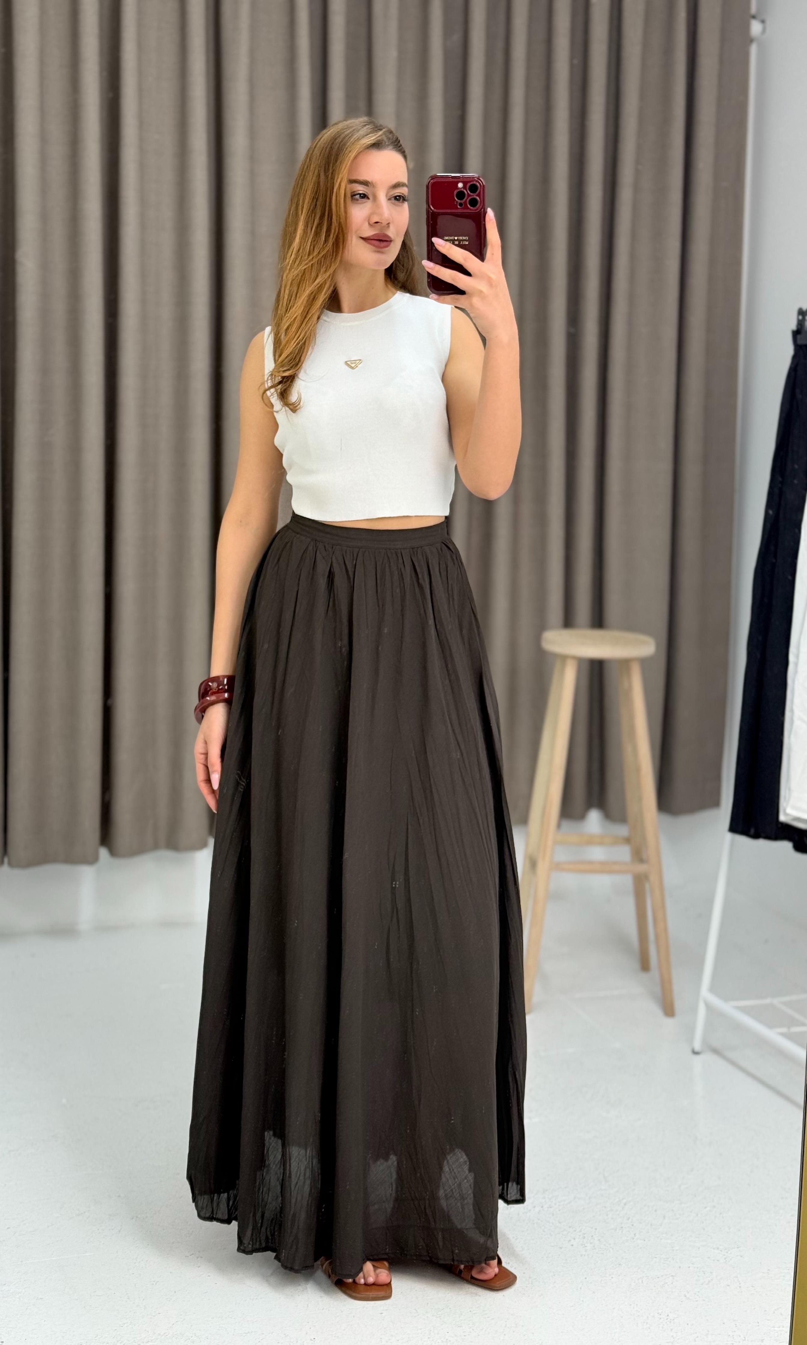 Kadın  Kırışıık Model  Astarlı  Etek Kahverengi