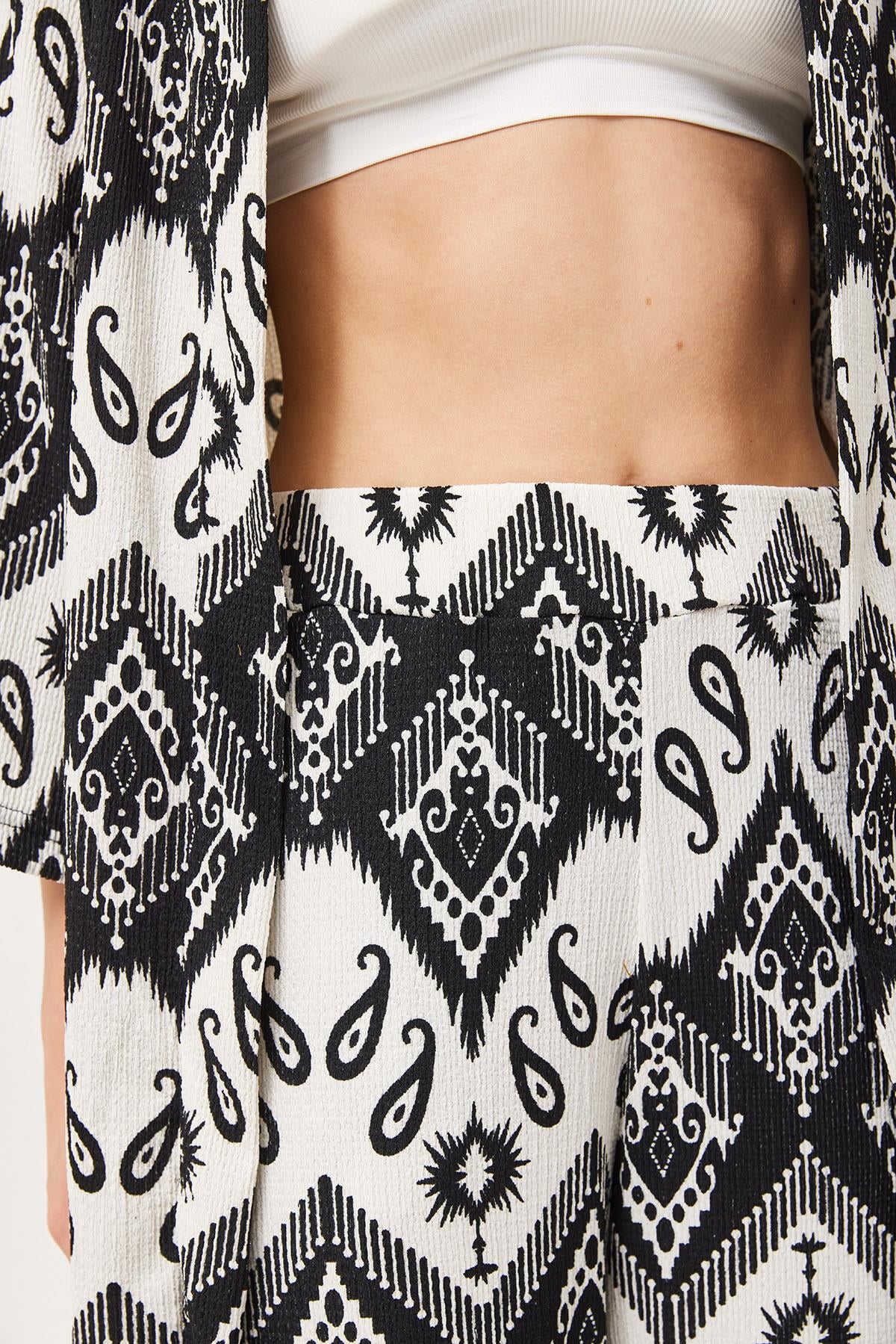 Desenli Krinkıl Kimono Pantolon İkili Takım Siyah · 3