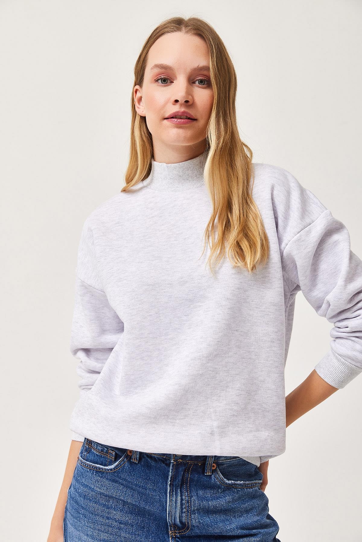 Balıkçı Yaka Şardonlu 3 ip Örme Sweatshirt Gri