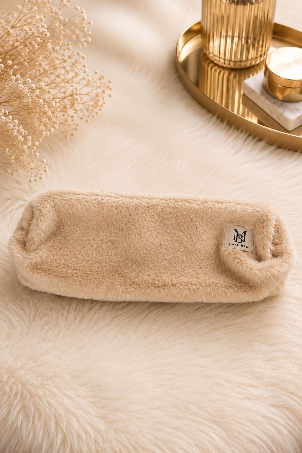 Kadın Peluş 38X14 Ölçülü Saç Şekillendirici/Makyaj Çantası Bej