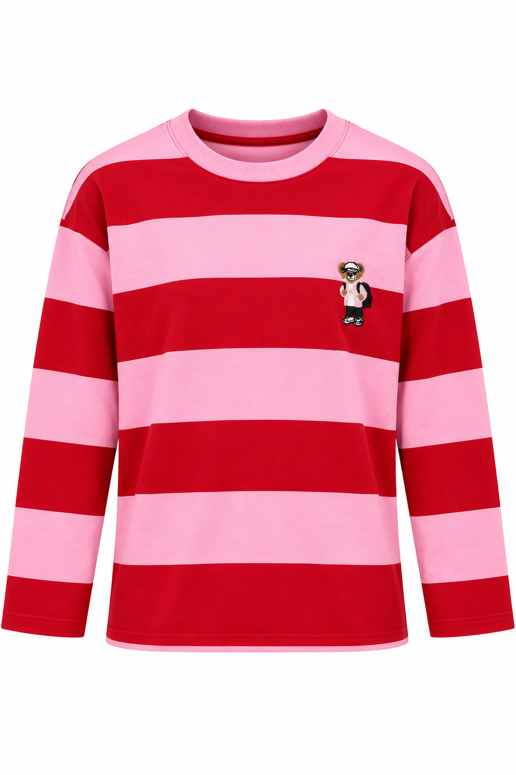 Kadın Uzun Kollu Çizgili Ayıcık Desenli Sweatshirt Pembe