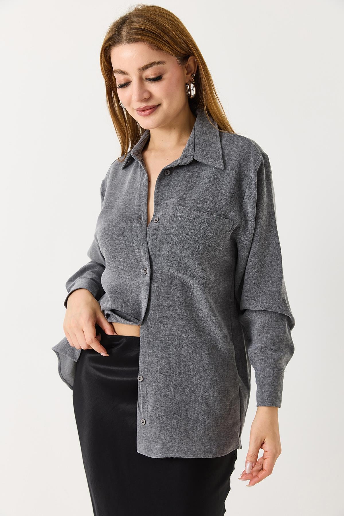 Kadın Oversize Müslin Kumaş Basic Gömlek Gri