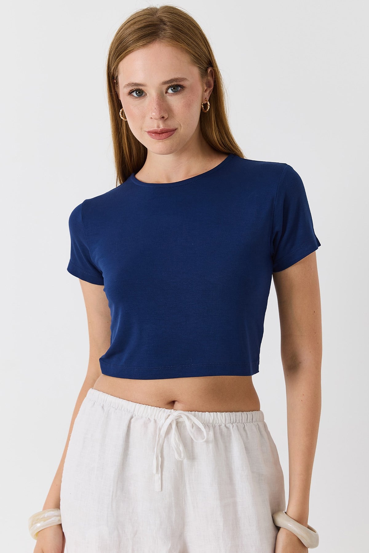 Kadın Bisiklet Yaka Penye Crop Bluz Lacivert