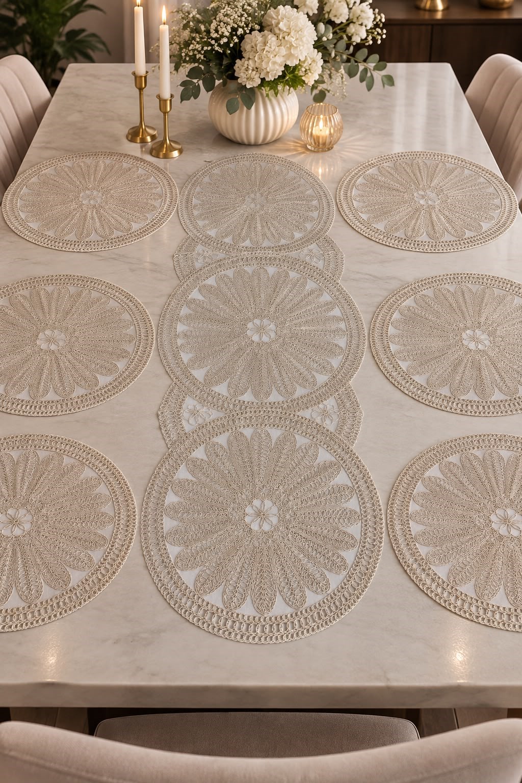 Yuvalar Desenli Motifli 7 Parça Runner Set Bej