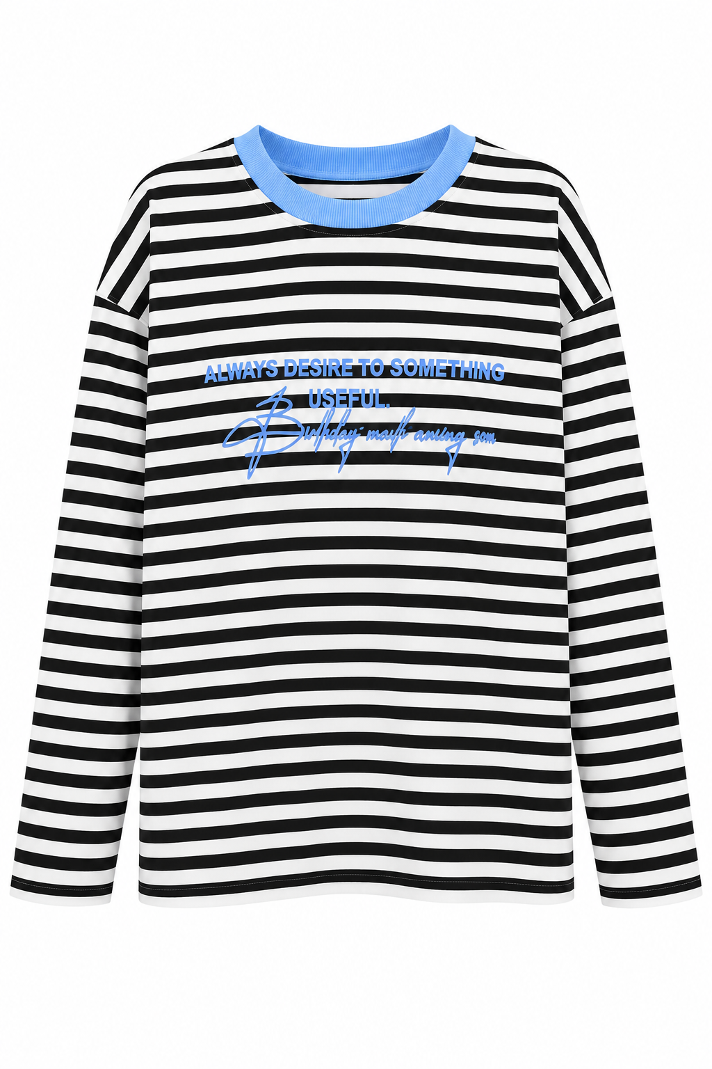 Kadın Bisiklet Yaka Baskılı Çizgili Sweatshirt Mavi
