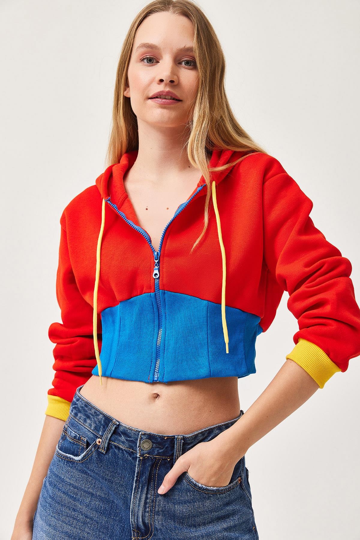 Bel Detaylı Fermuarlı Crop Sweatshirt Turuncu