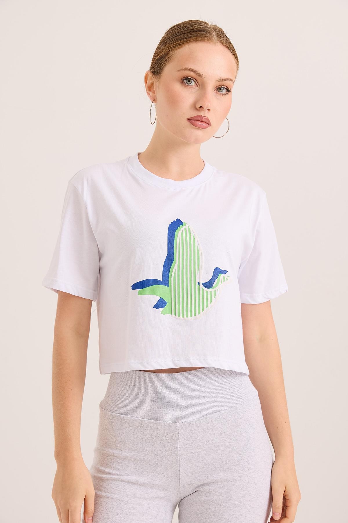 Karikatür Kuş Baskılı Pamuk Örme Crop Tshirt Beyaz