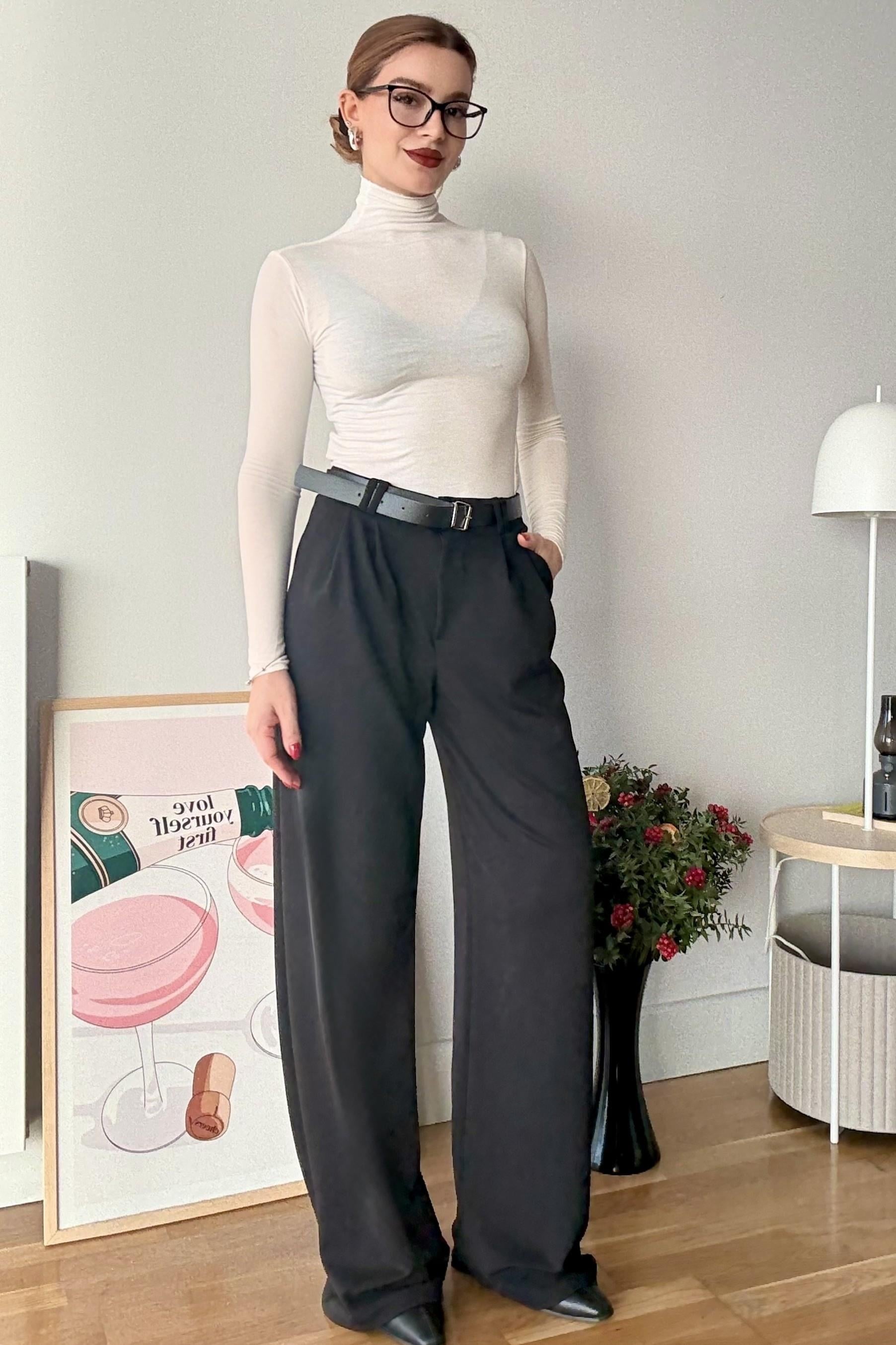 Likralı Krep Örme Kumaş Kemerli Salaş Pantolon