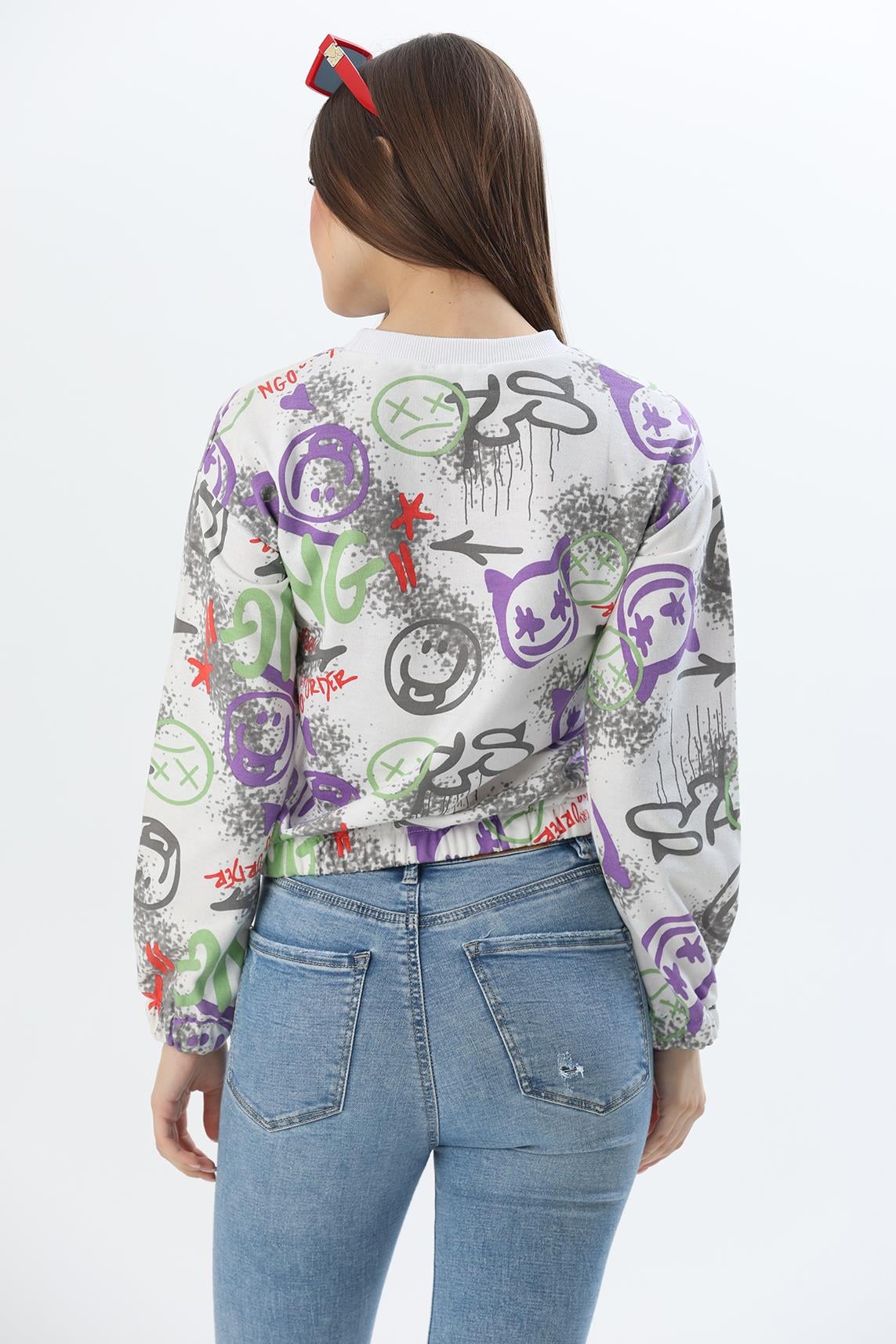 Bisiklet Yaka Desenli Sweatshirt Beyaz · 2