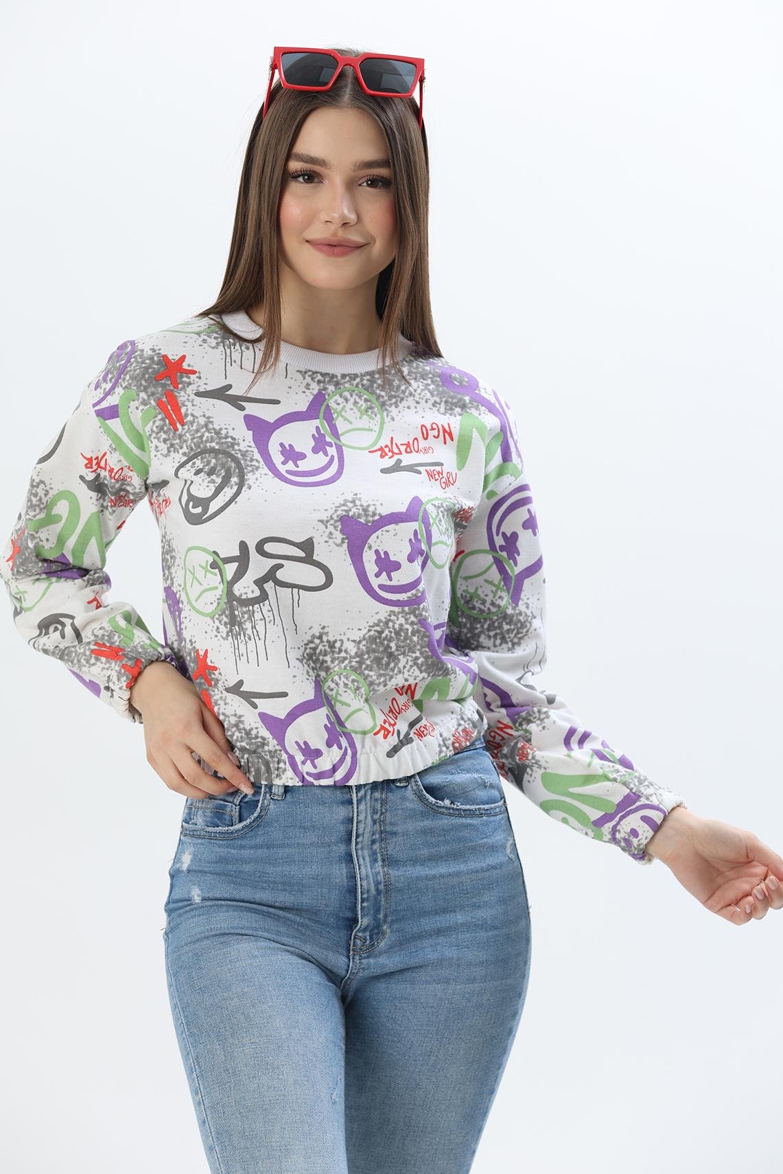 Bisiklet Yaka Desenli Sweatshirt Beyaz