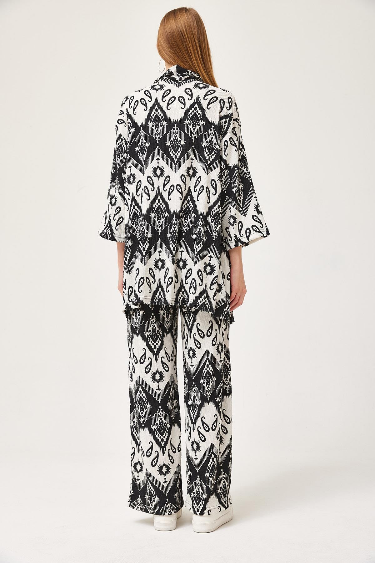 Desenli Krinkıl Kimono Pantolon İkili Takım Siyah · 4