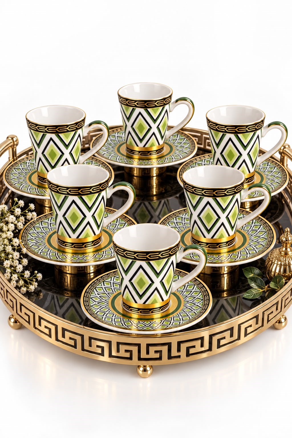 6'lı Geometrik Desenli Tabağı İçe Geçmeli Fincan Takımı Yeşil