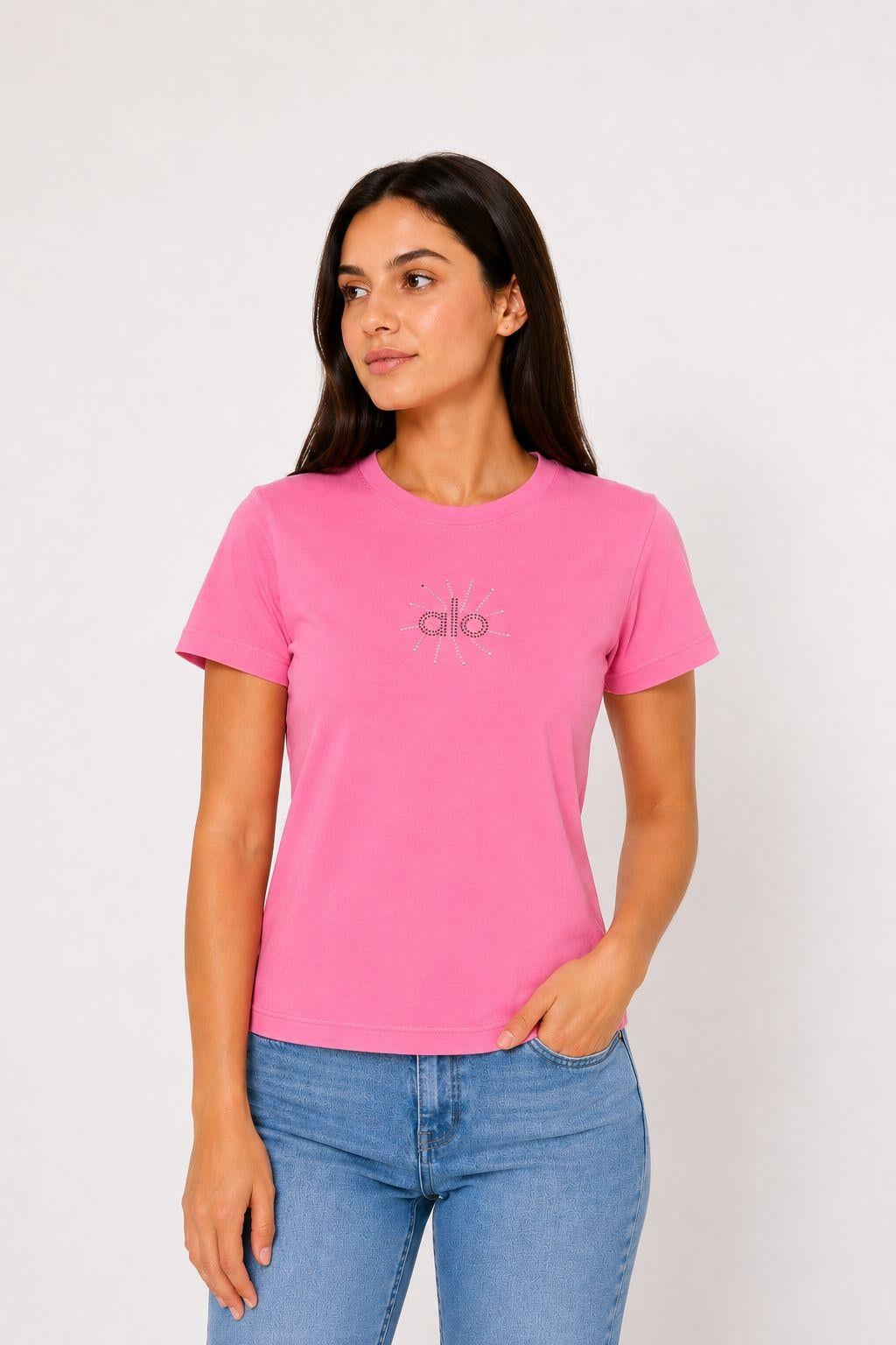 Kadın Baskılı Bisiklet Yaka Crop Bluz Pembe