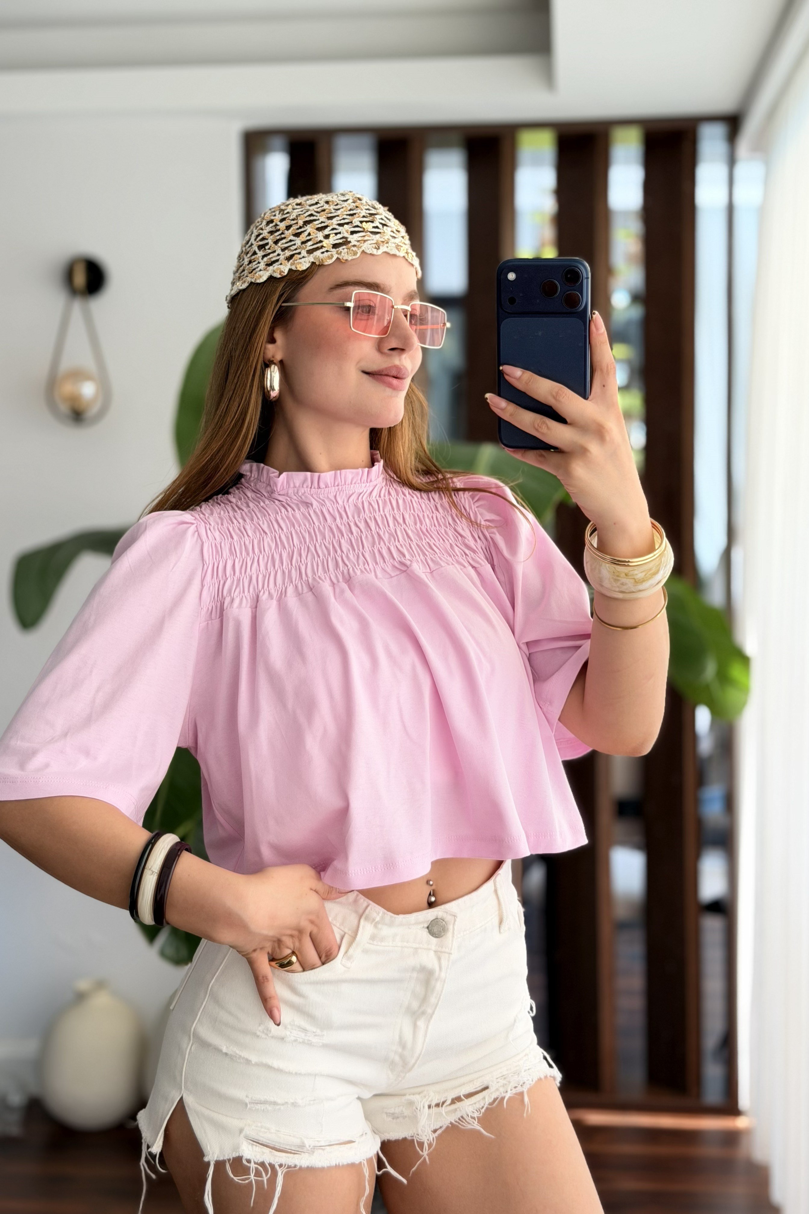 Kadın Bisiklet Yaka Göğsü Gipeli Kısa Kol Crop Bluz Pembe