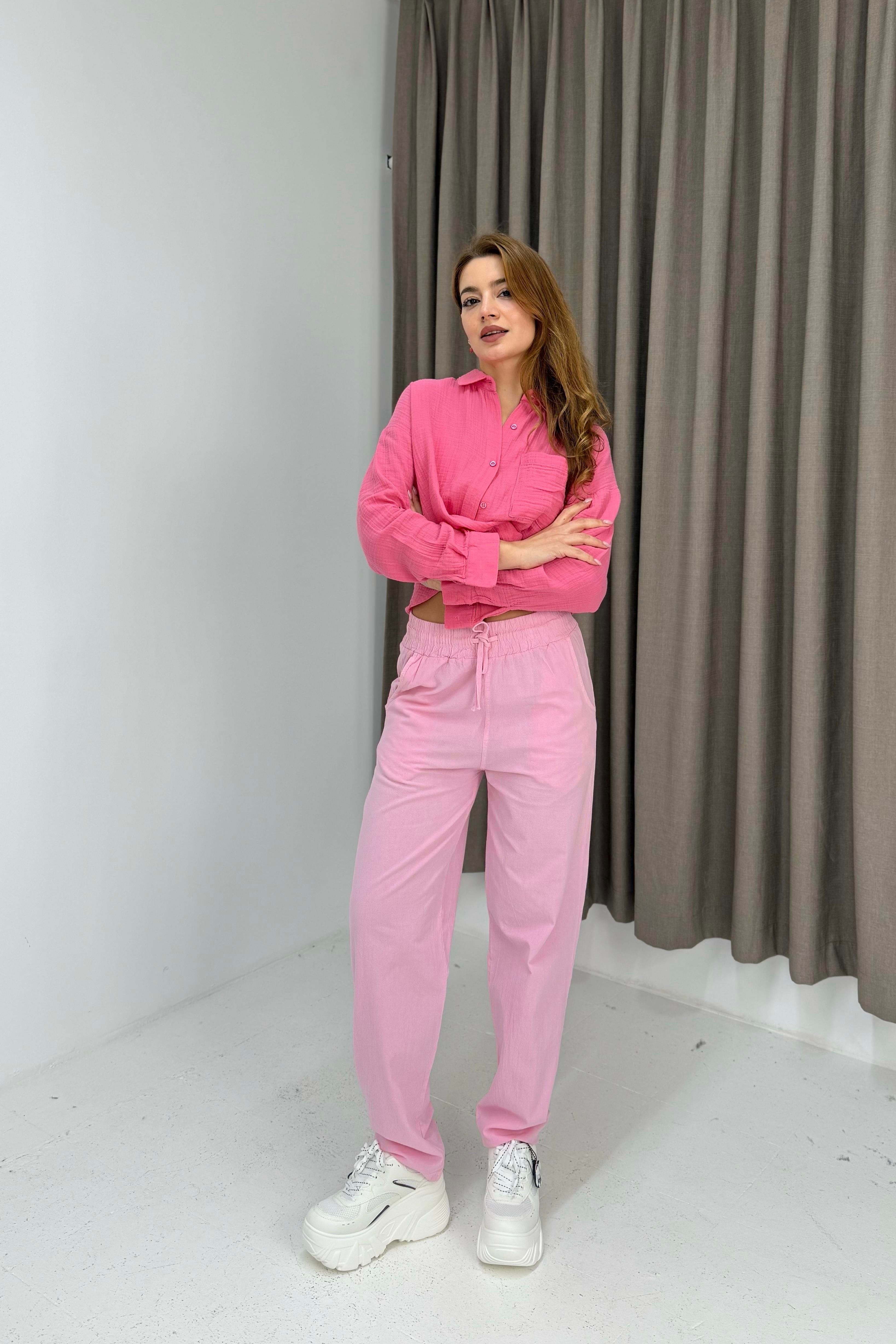 Kanvas Cepli Bağcıklı Beli Lastikli Uzun Pantolon Pembe