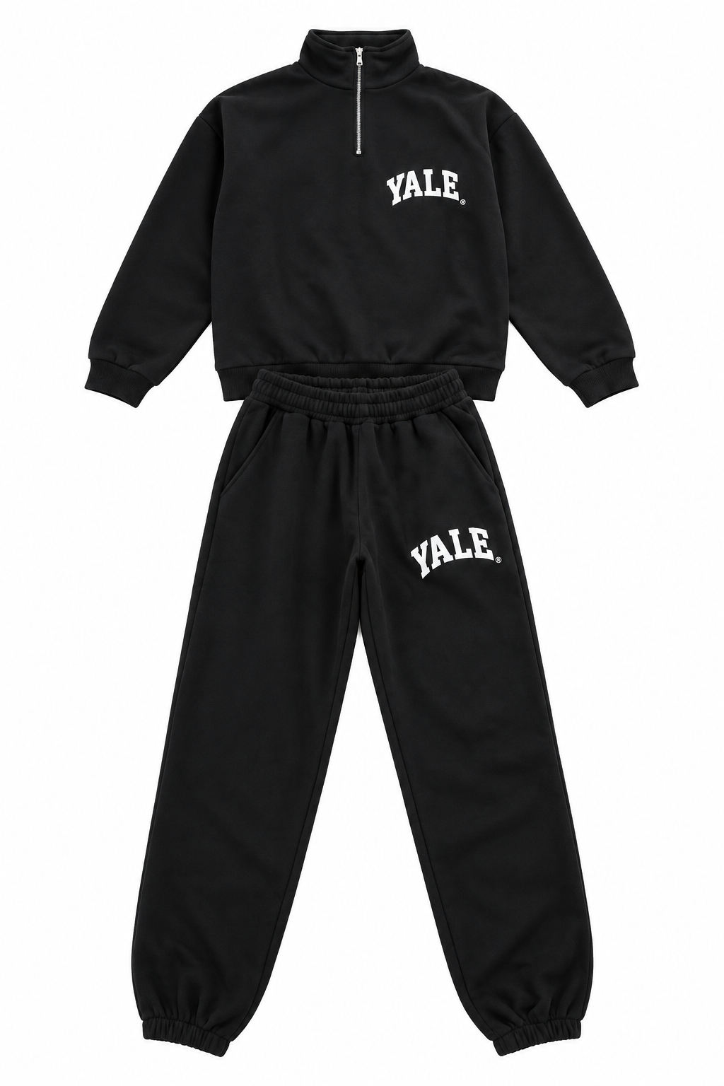 Kadın Dik Yaka Fermuarlı Yale Baskılı Sweatshirt &Jogger Lastikli Paça Eşofman Takımı Siyah