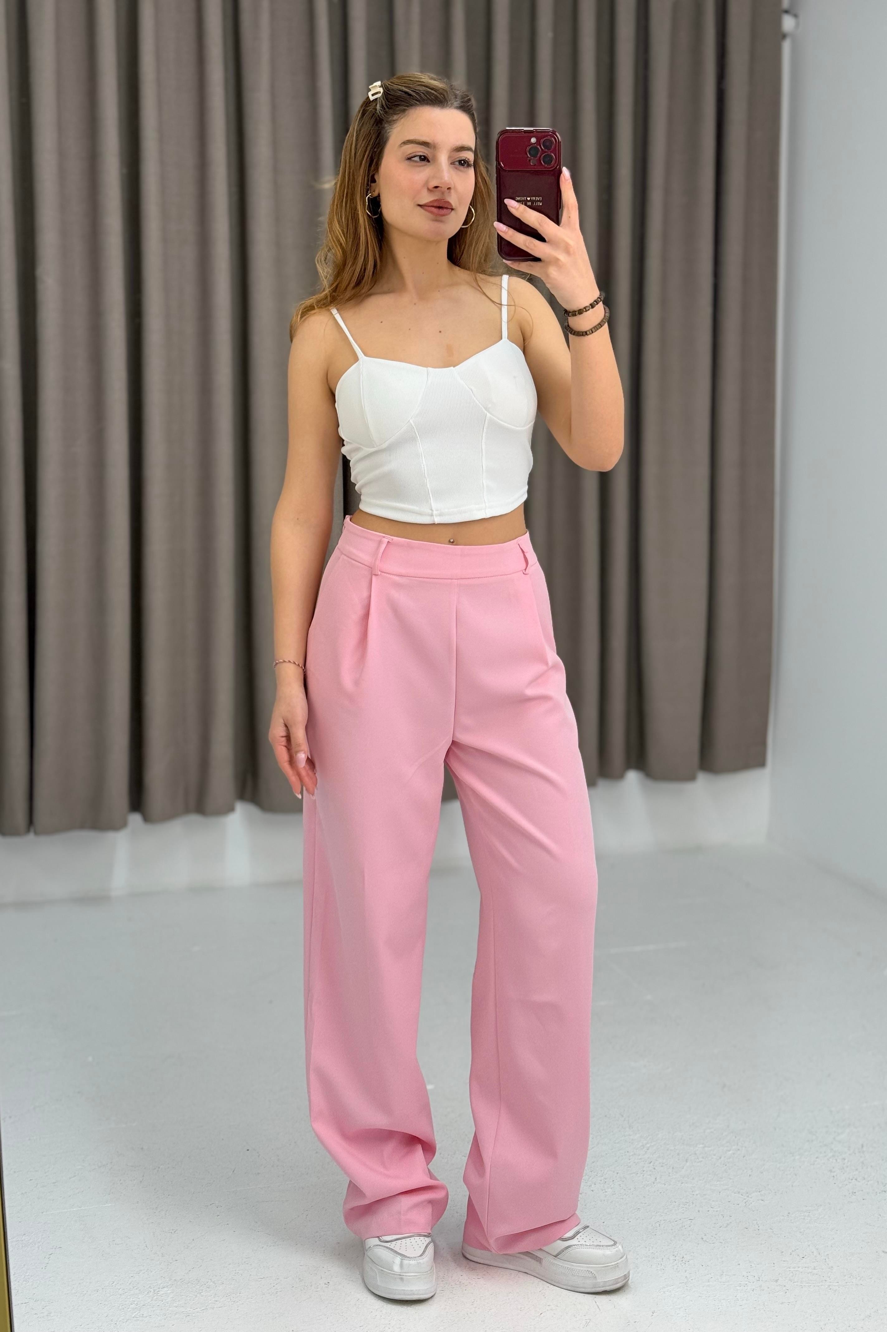 Kadın Beli Lastikli Yandan Fermuarlı Salaş Kesim Mevsimlik Pantolon Pembe