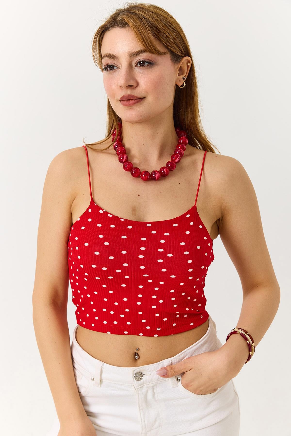Kadın Askılı Puantiyeli Crop Bluz Kırmızı