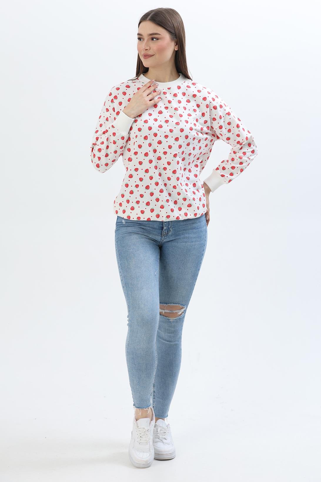 Çiçek Desen İki İplik Sweatshirt Beyaz