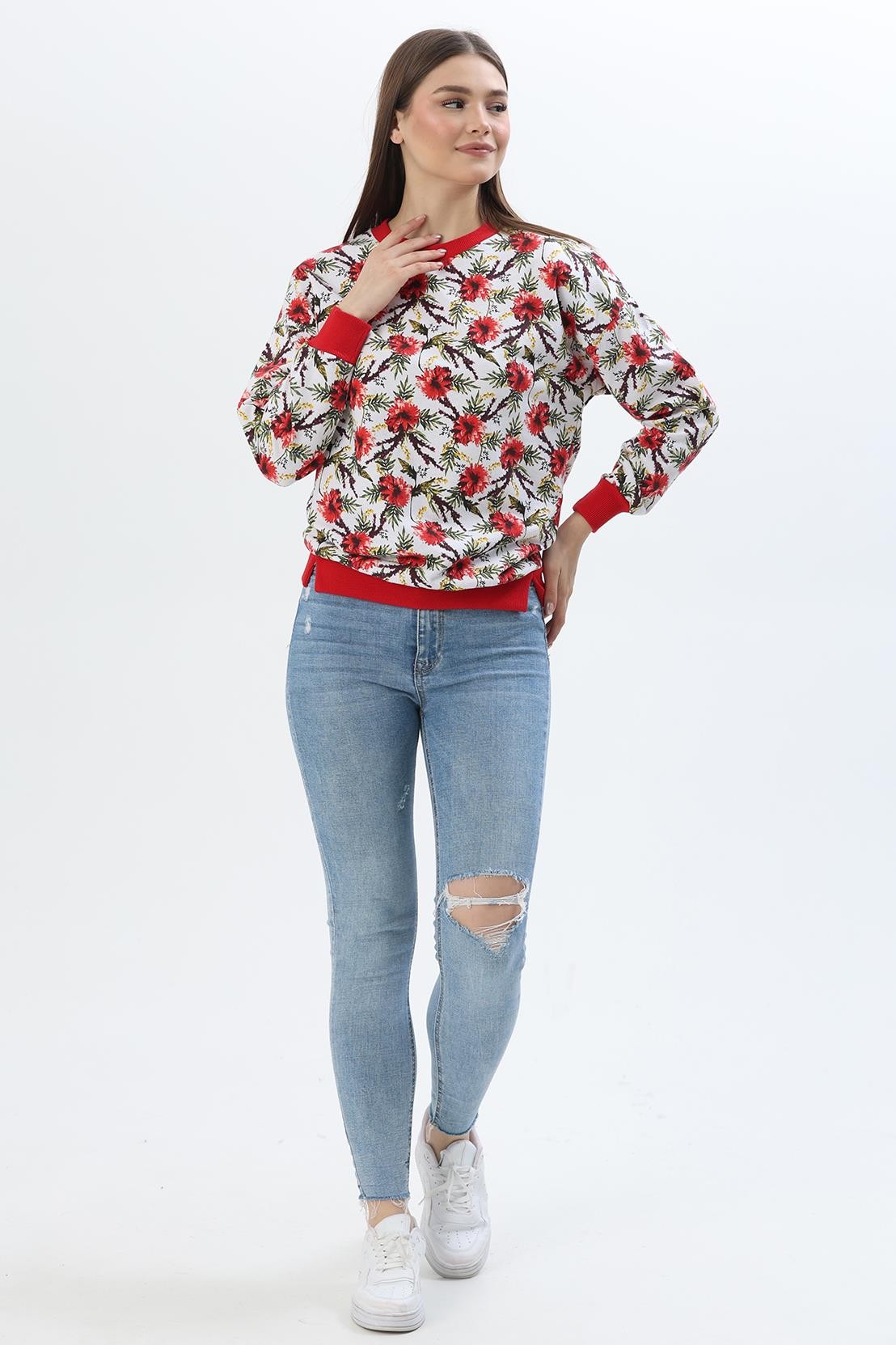 Çiçek Desen İki İplik Sweatshirt Kırmızı