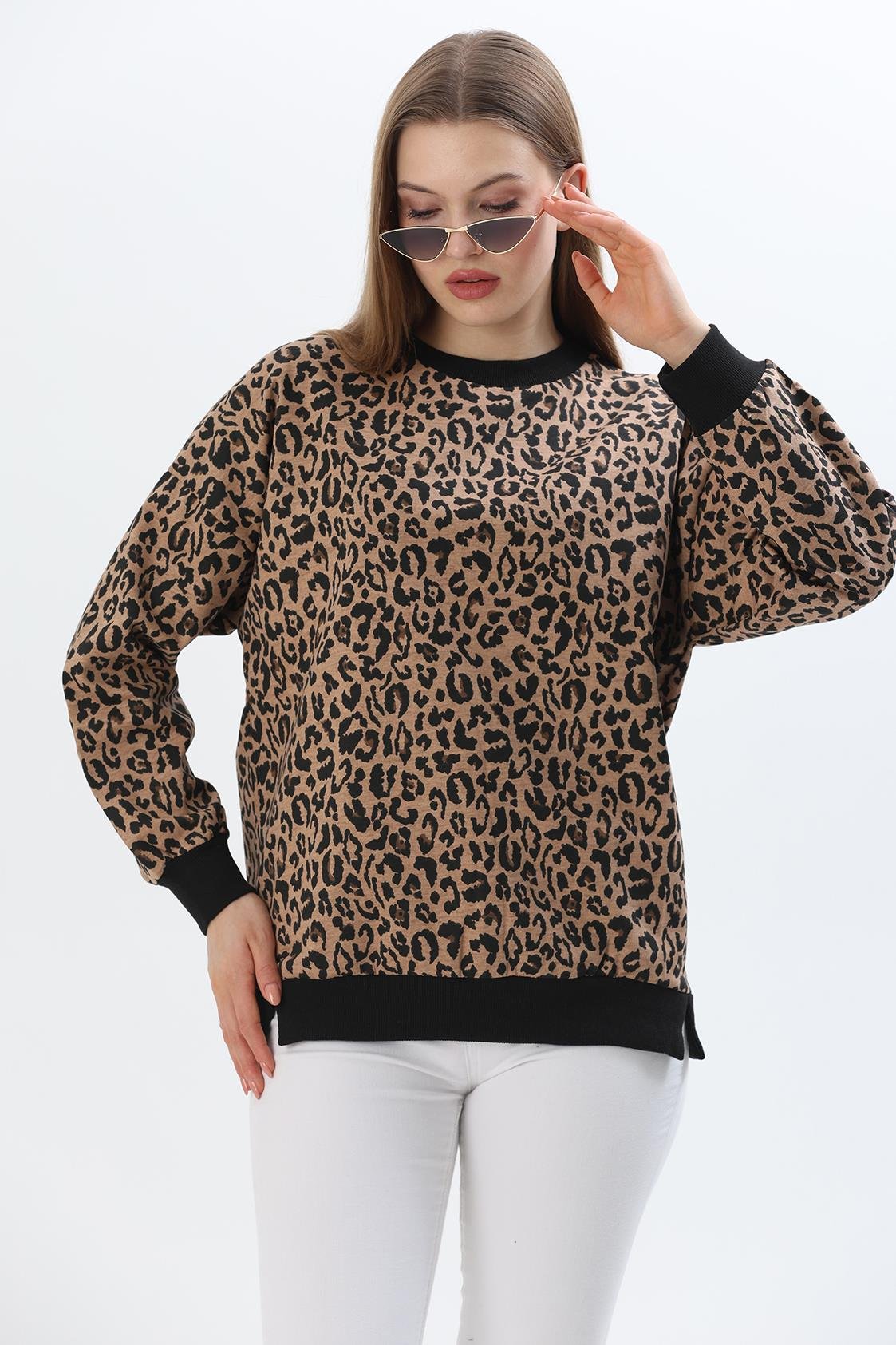 Çiçek Desen İki İplik Sweatshirt Leopar