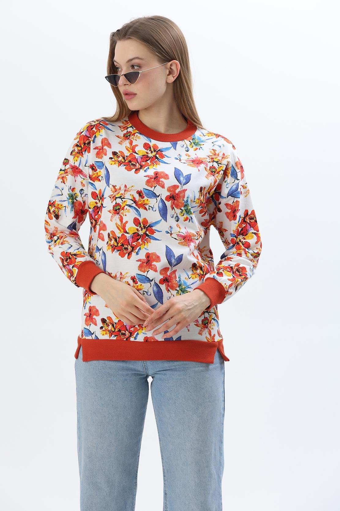 Çiçek Desen İki İplik Sweatshirt Mavi Turuncu