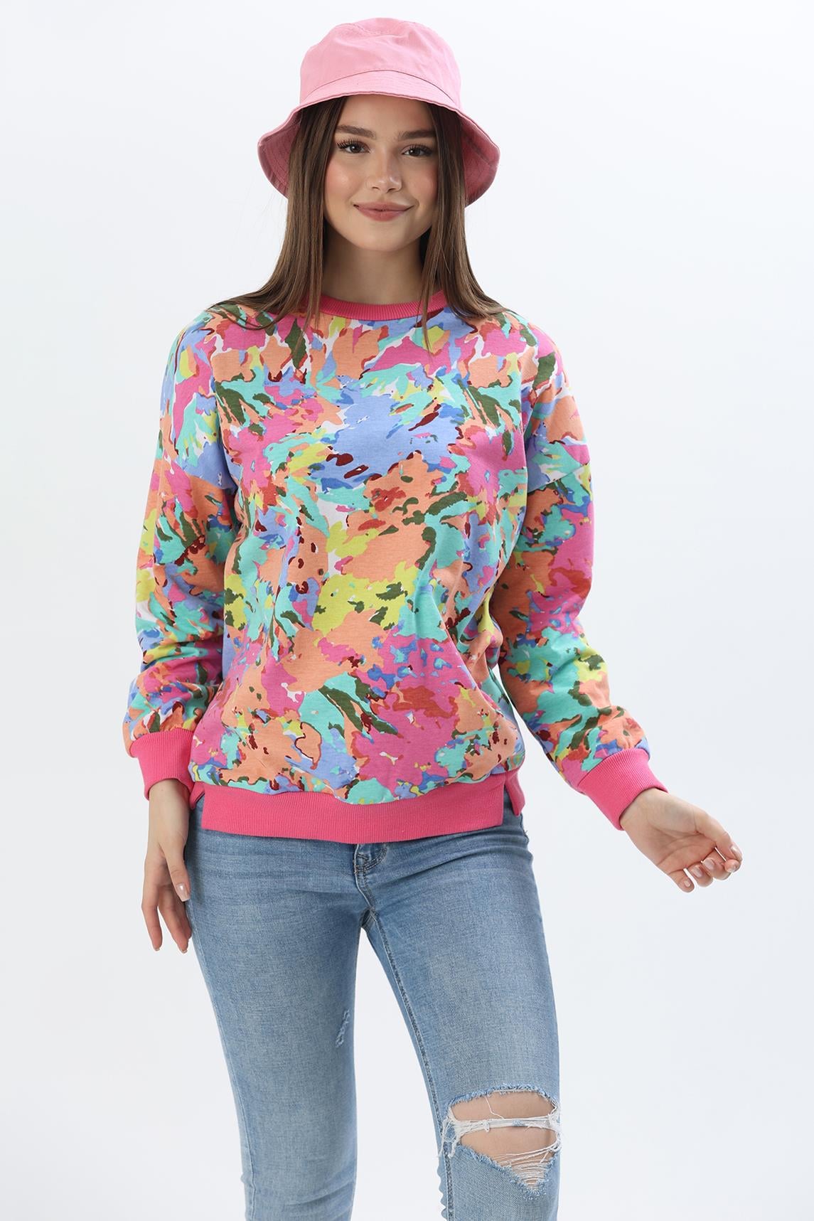 Çiçek Desen İki İplik Sweatshirt Pembe · 2