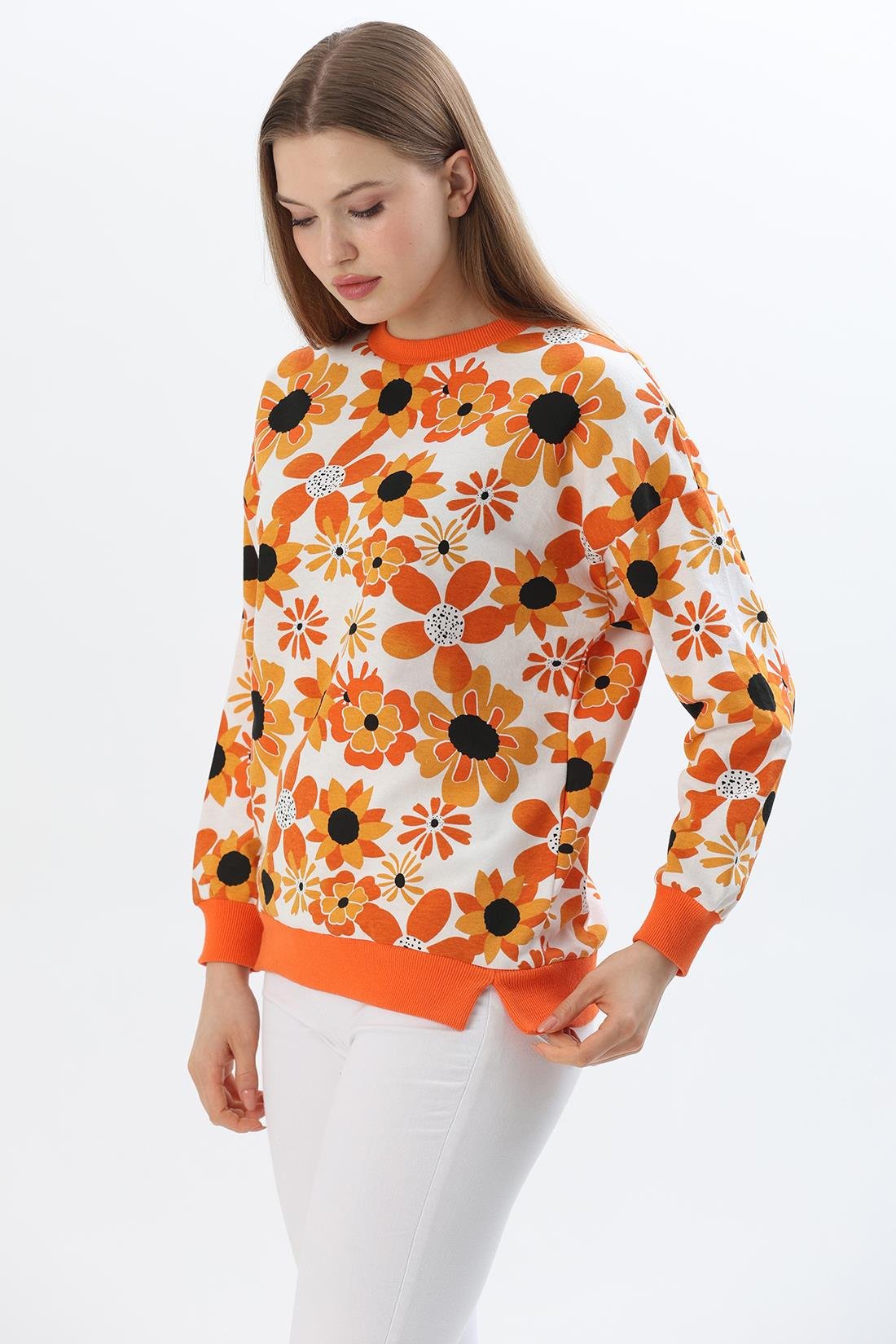 Çiçek Desen İki İplik Sweatshirt Turuncu