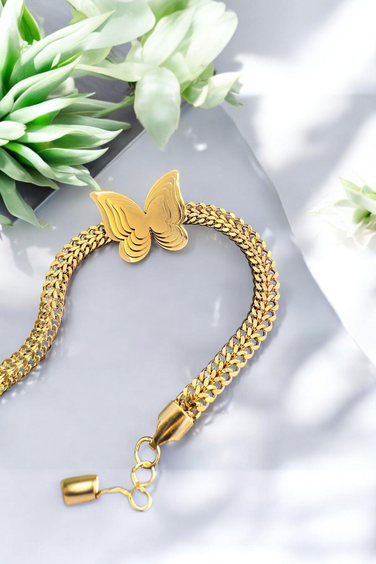 Kelebek Detaylı Çelik Bileklik Gold