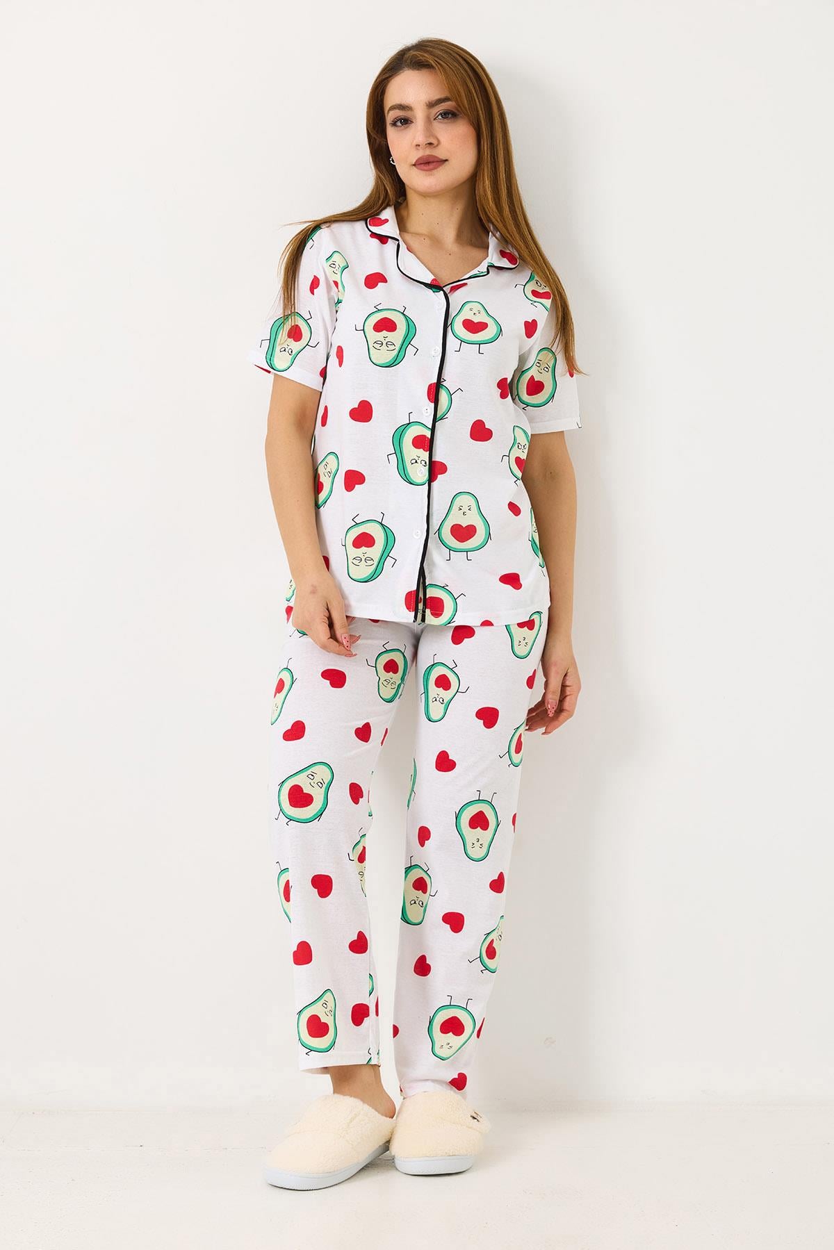 Kadın Kısa Kollu Avokado Baskılı  Düğmeli Pijama Takımı  Beya
