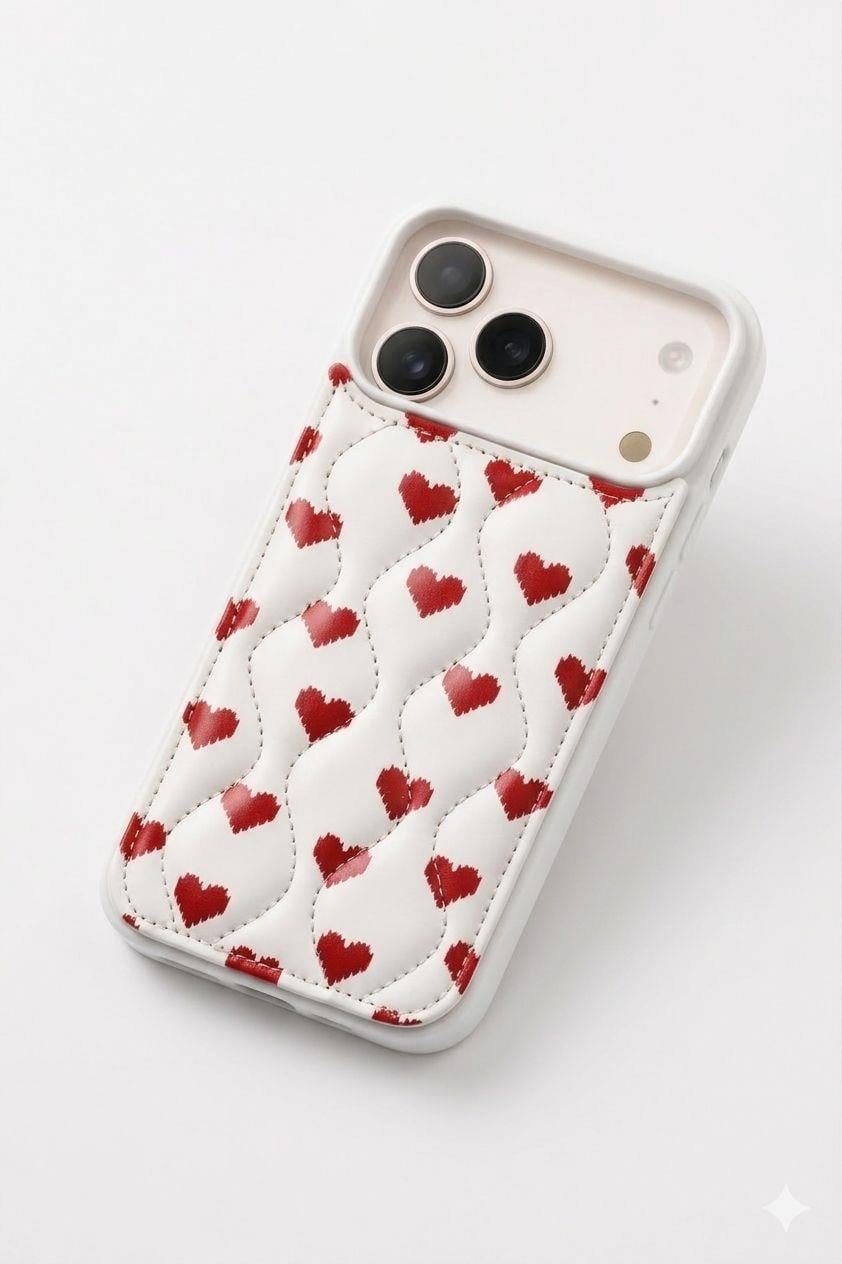 İphone 17 Pro Max Uyumlu Kalp Desenli Kabartmalı Kılıf Beyaz