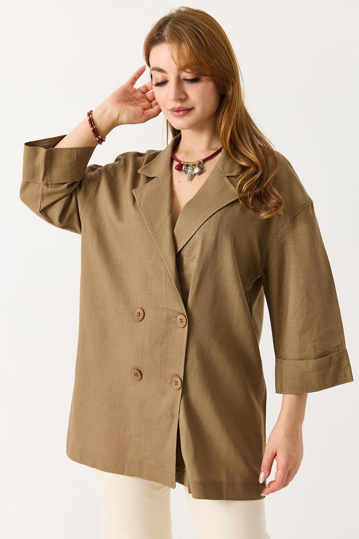Kadın Kruvaze Yaka Oversize Blazer Ceket Açık Vizon